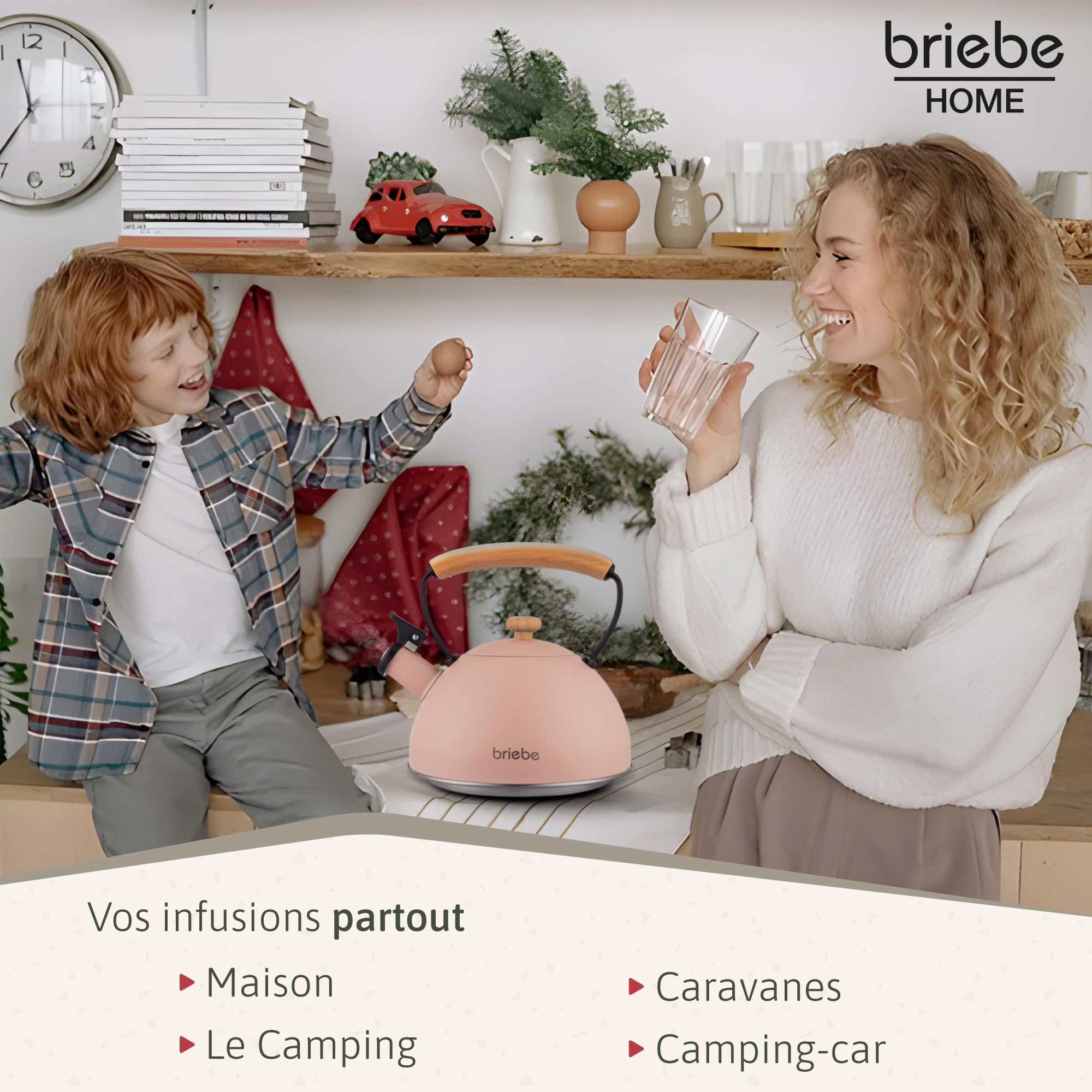 briebe Retro Bouilloire Induction Sifflante 2,3L, Acier Inoxydable, Tout Feux: Plaque Vitrocéramique, Gaz, Électrique, Poignée en Bois Cool Touch, Vintage, Pour Thé, Café, Tea Pot, Rose