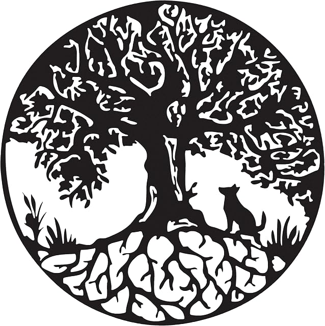 Black finish Tree of Life with dog Solid Steel Metal Wall Art Decoration, beautiful gift indoor or outdoor (35cm)