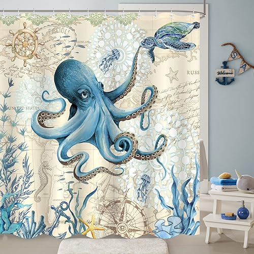Aipon Cortina de ducha náutica de pulpo, océano, tortugas marinas, playa, peces azules costeros, concha, medusas, cortinas de ducha extralargas de