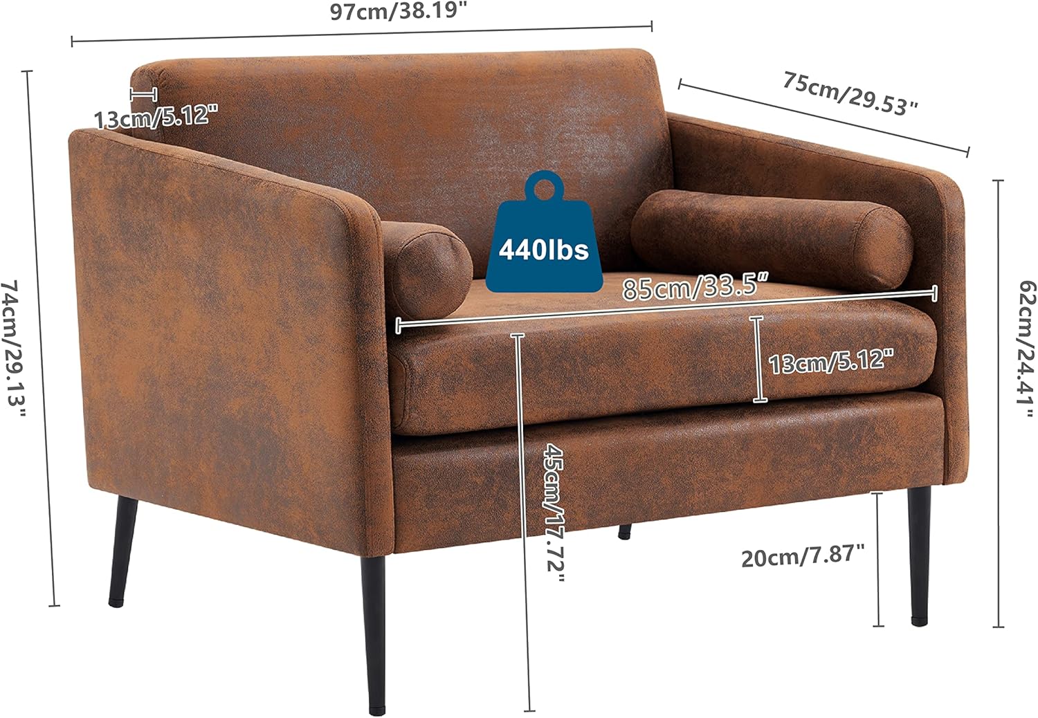 VINGLI 33.5"W Oversized Deep Seated Chair, Overstuffed Chair and A Half Mid Century Club Sitting Armchair Upholstered Extra Large Sofa Lounger Accent Chairs for Living Room/Bedrrom, Microfiber Rustic