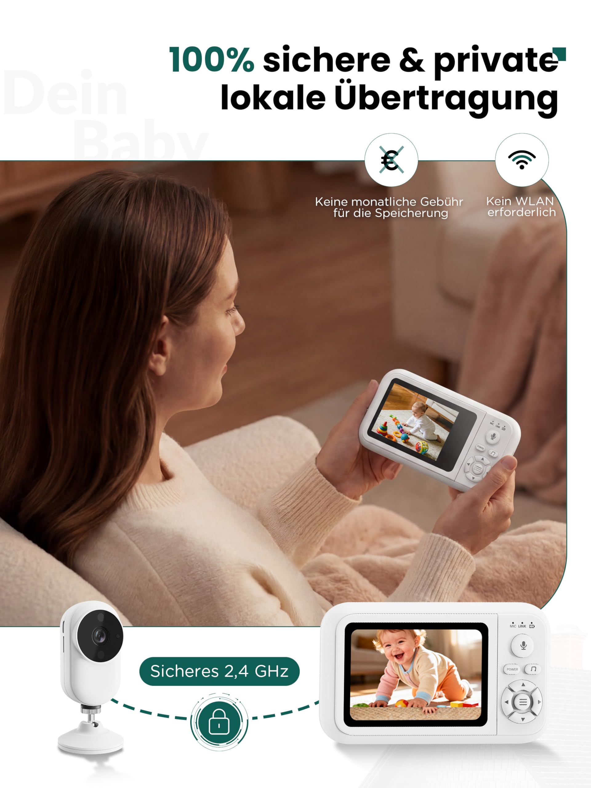 Babyphone mit Kamera & Halterung inkl. Bettclip, HD Video Baby Monitor Ohne WLAN, Nachtsicht, Zwei-Wege-Audio, VOX-Modus, Temperatursensor, Schlaflieder, 3,5" Babyfon für Erstausstattung Neugeborene