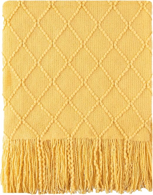 BATTILO Home Mustard Yellow Throw Blanket, Diamond Pattern Knit Throw