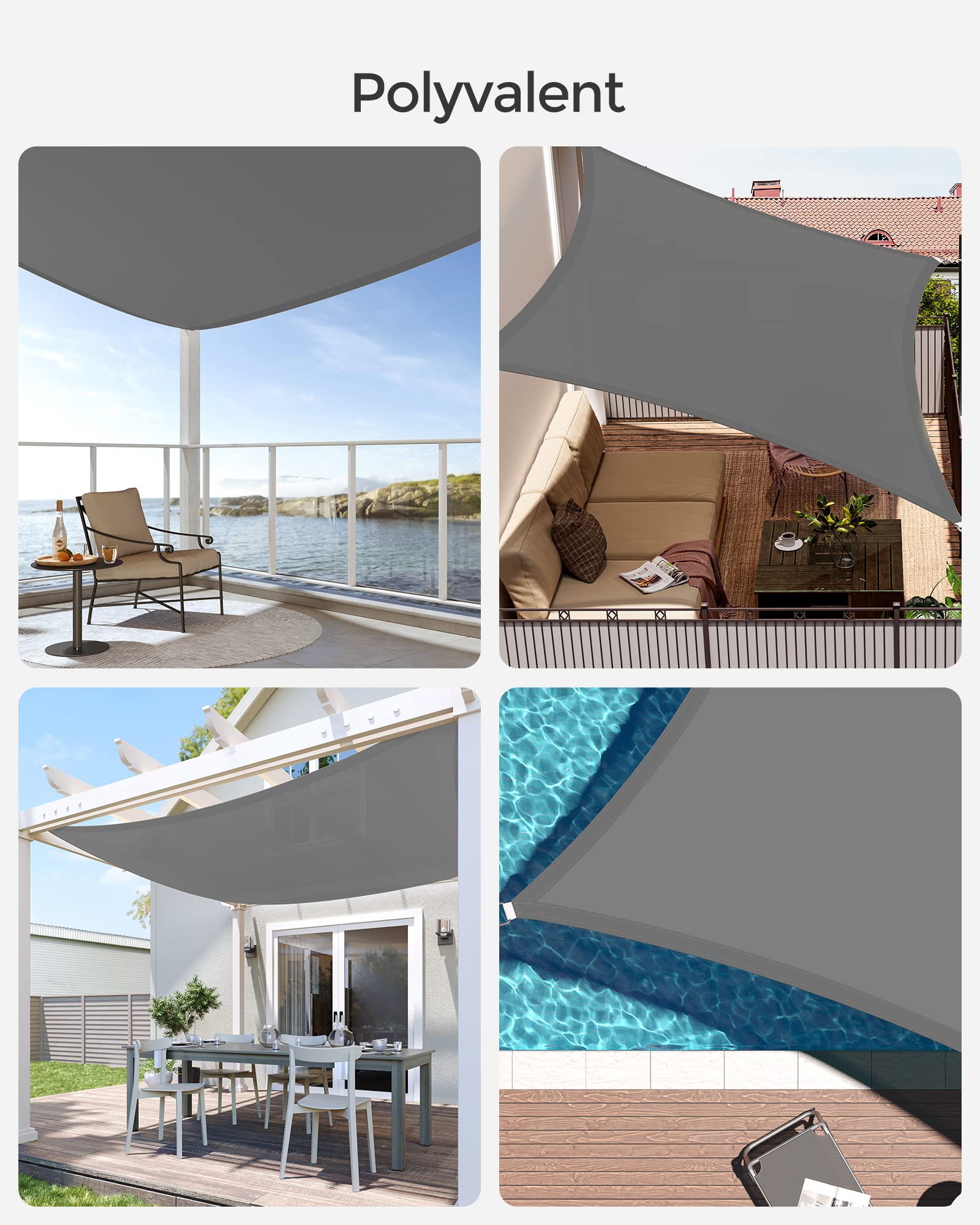 SONGMICS Voile d'Ombrage 3 x 3 m, Hydrofuge Colonne d’Eau de 665 mm, Polyester Anti-déchirure, Protection UV 93%, Terrasse, Jardin, Balcon, Carré, Cordes de 2 m, Gris Anthracite GSH33GYV1