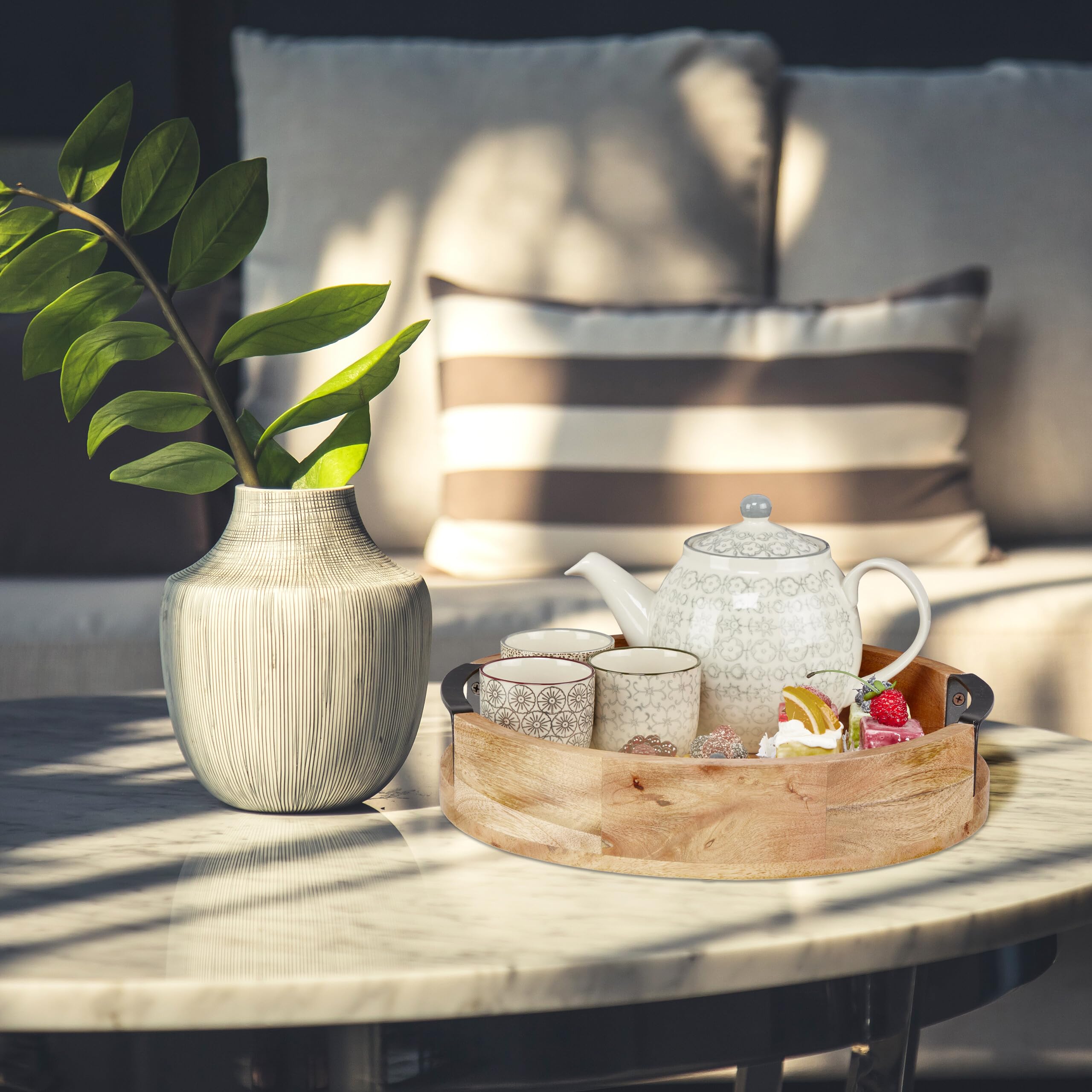 Relaxdays Bandeja Redonda de Madera de Mango, con Asas, Servir, Desayuno, Decorativa, Cocina, 7,5 x 35 cm, Natural