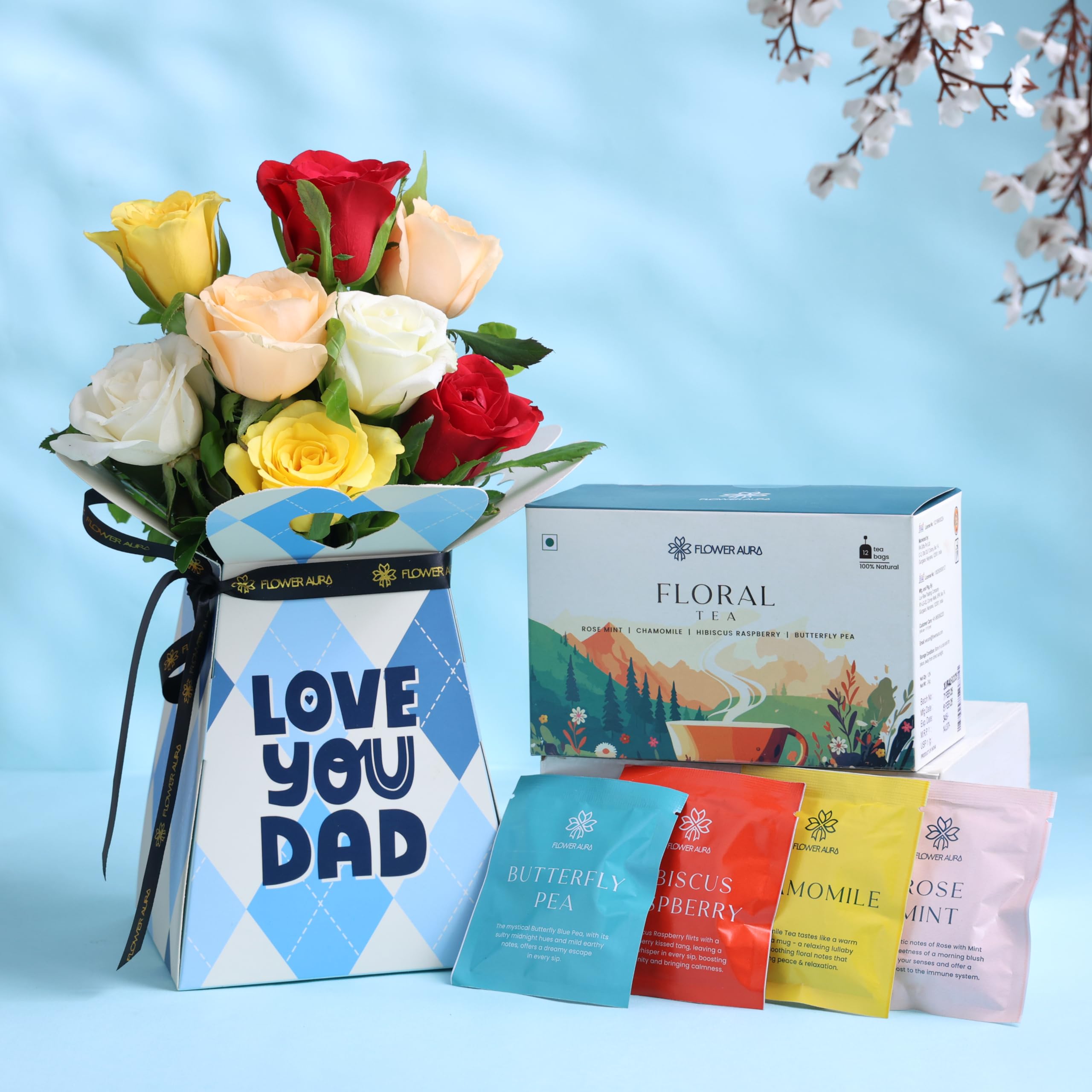 FlowerAura Flower Bouquet of 8 Mix Roses In Box With Floral Tea For Birthday Gift & Father's Day Gift For Dad | Papa | Father-In-Law | Grandfather | Daddy | Appa | Baba (Same Day Delivery)-image-12