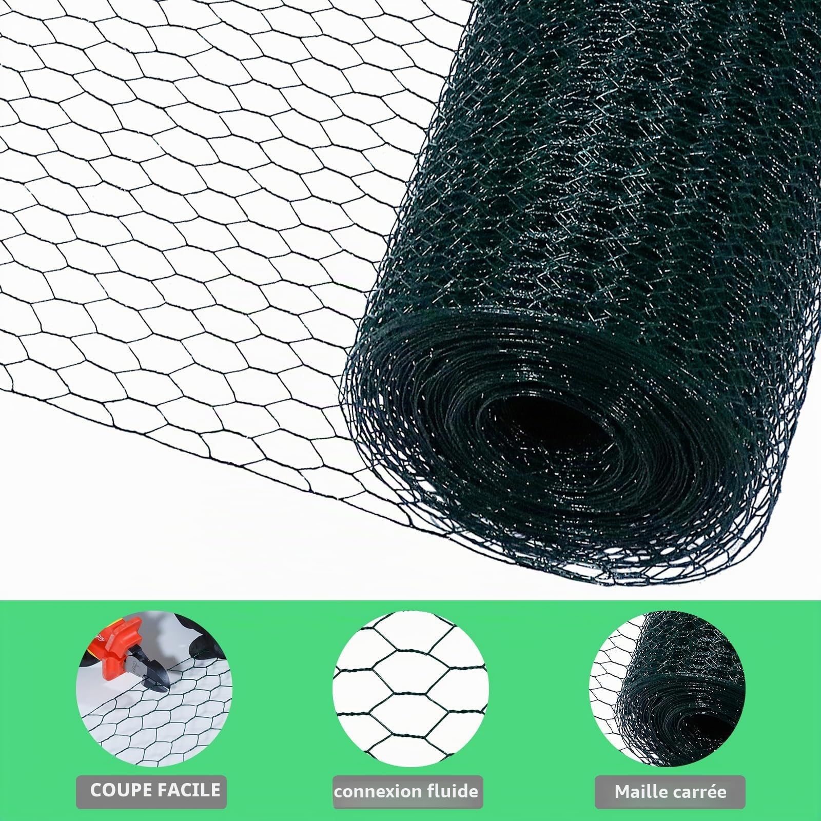 CCLIFE Grillage a Poule, Maillage 45 mm , Hauteur 100 cm, Longueur 15/25/50 m, Revêtement PVC Vert