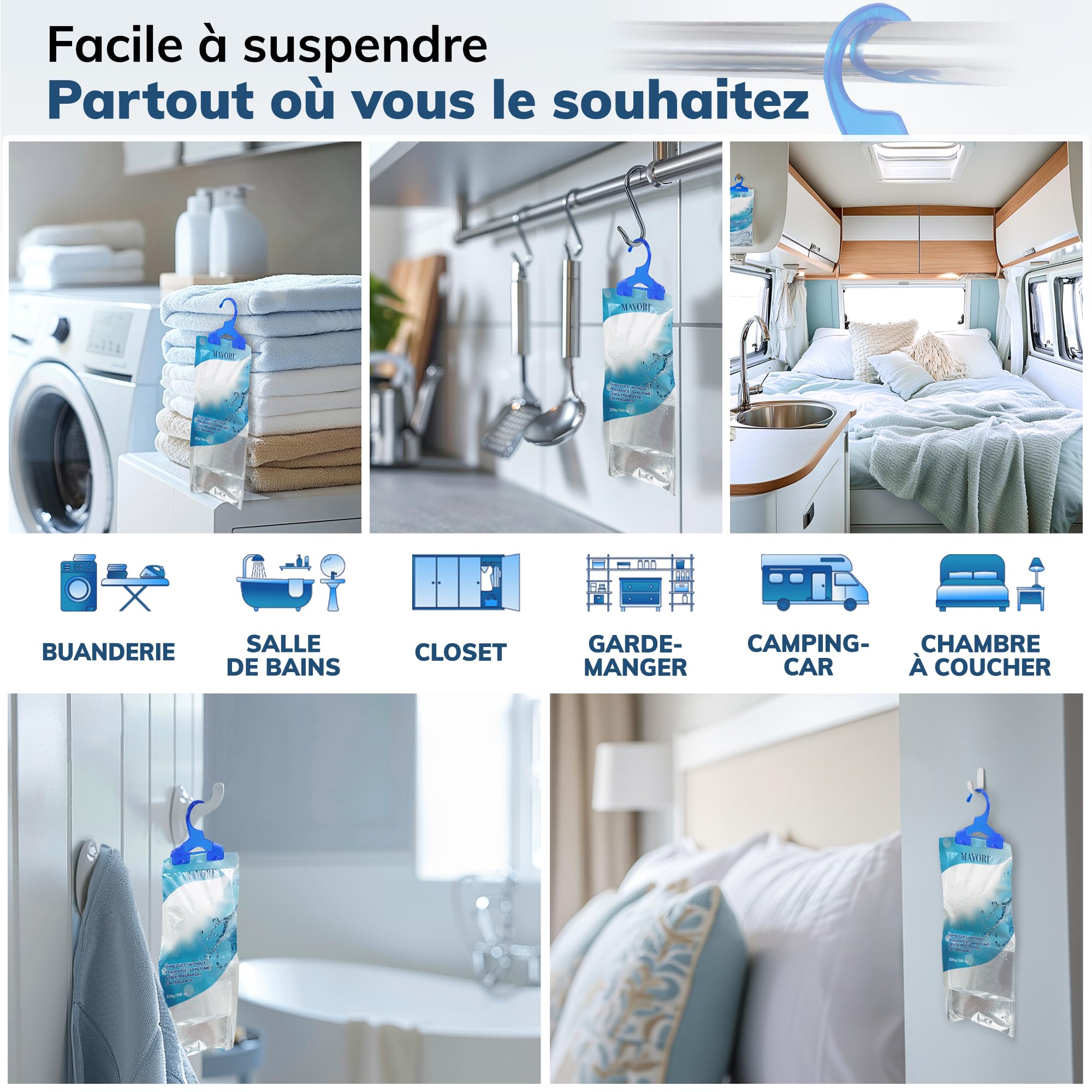 Lot de 10 déshumidificateurs XL à suspendre I sacs déshumidificateurs I déshumidificateur armoire et absorbeurs d'humidité pour pièces contre l'humidité, les moisissures et les odeurs