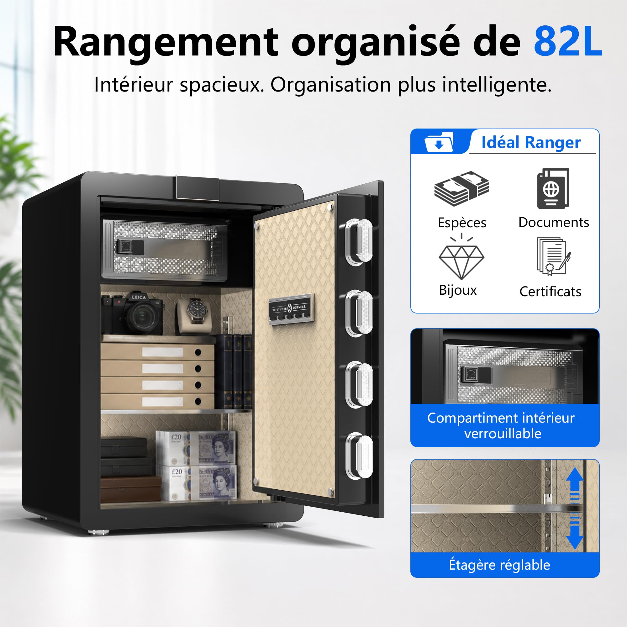 29KG Lourd Coffre Fort en Acier, 82L Coffre-fort Électronique avec Digitale Code et Clé, pour Maison et Bureau, Idéal pour Bijoux, Argent et Documents A4, Notice en Français (Blanc,82L)