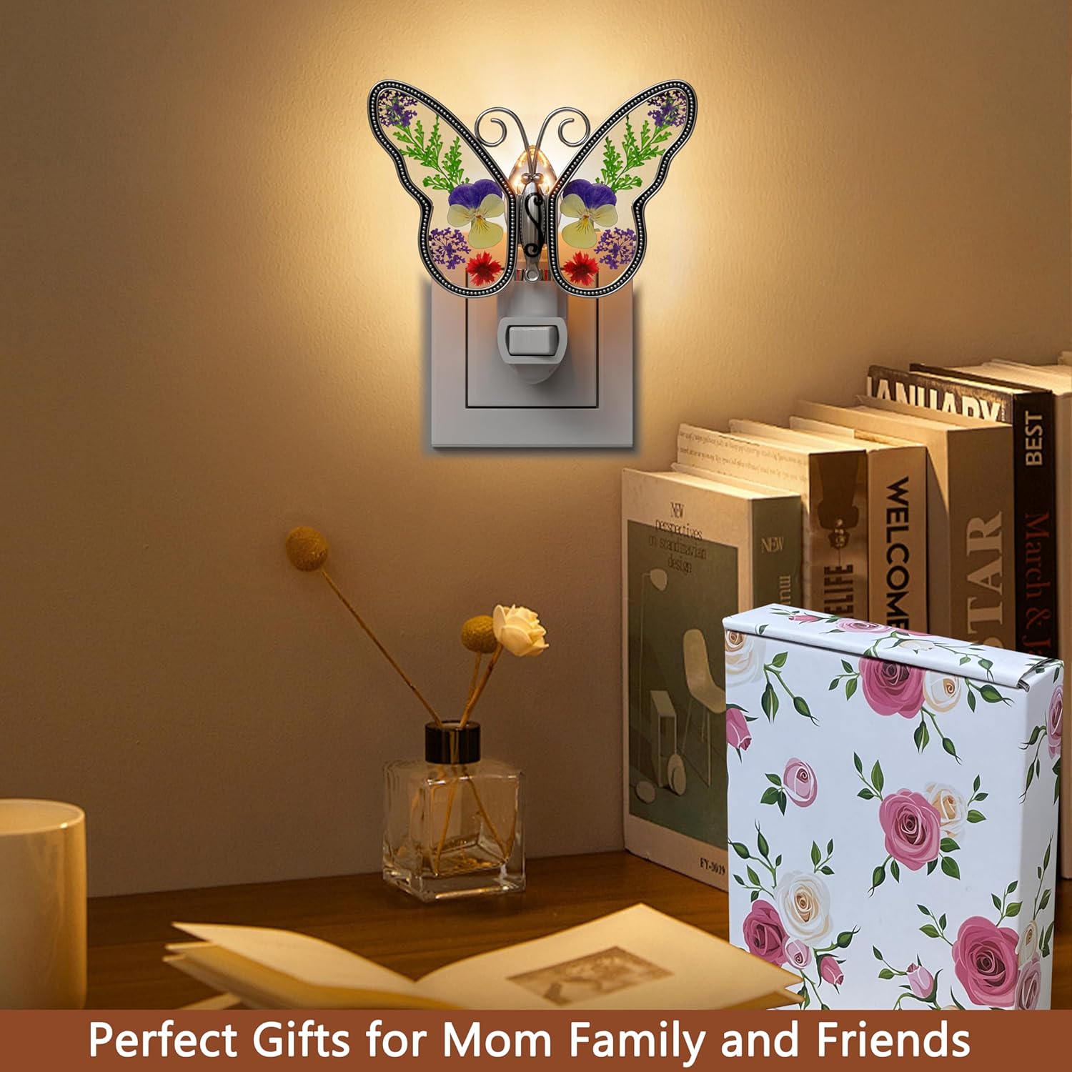 KY&BOSAM Butterfly Night Lights Plug into Wall 1-Pack 7W Plug in Night Light Dusk to Dawn 3000K Warm White Bright Real Flower+Metal Nightlight Switch-On/Off for Adults Kids Room Bathroom Kitchen Decor