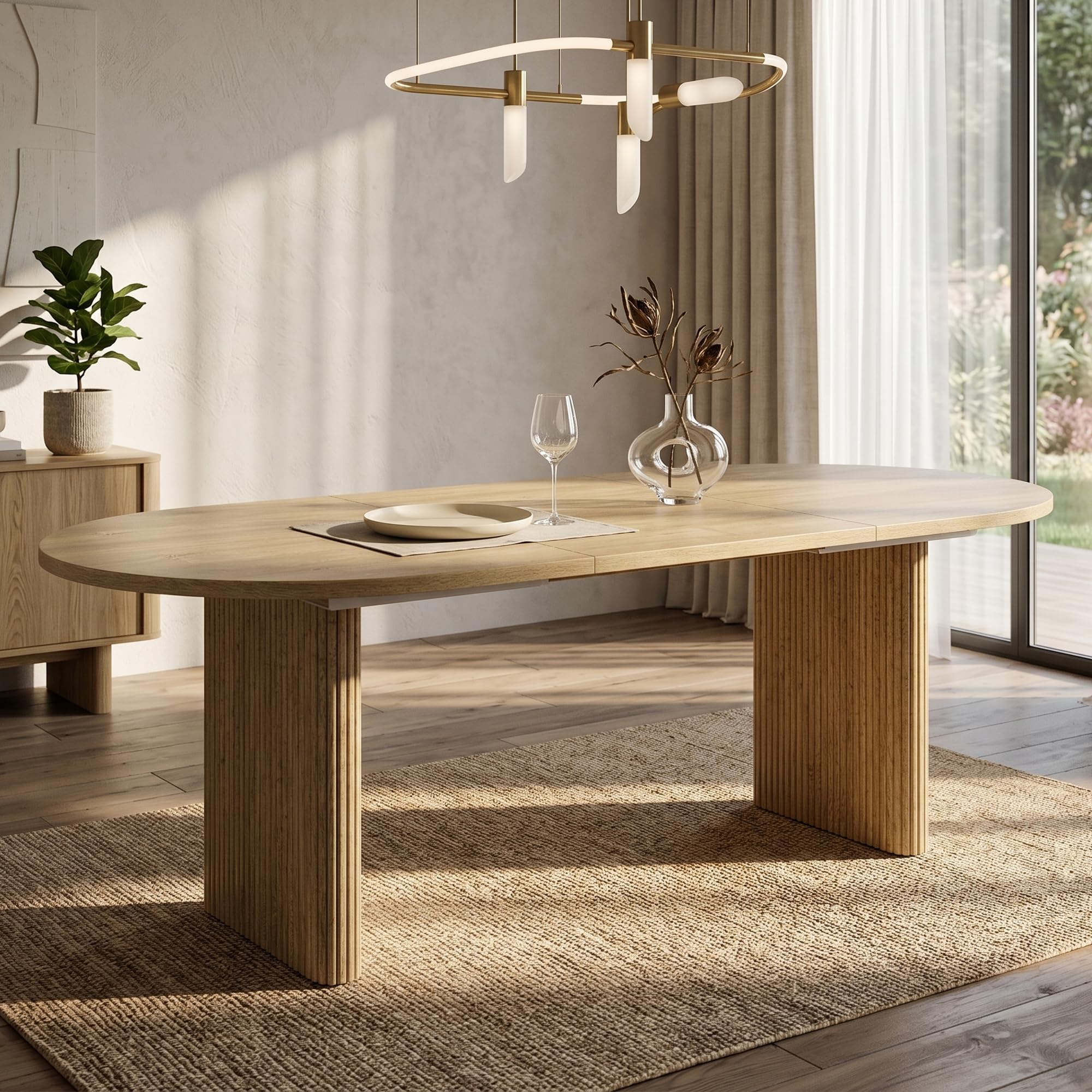 Mesa de comedor, extensible, 140/200x90 cm, para 6 a 8 personas, mesa de cocina con tablero de 3 cm, esquinas redondeadas y patas con láminas, mesa de comedor moderna, aspecto nogal (Oak)