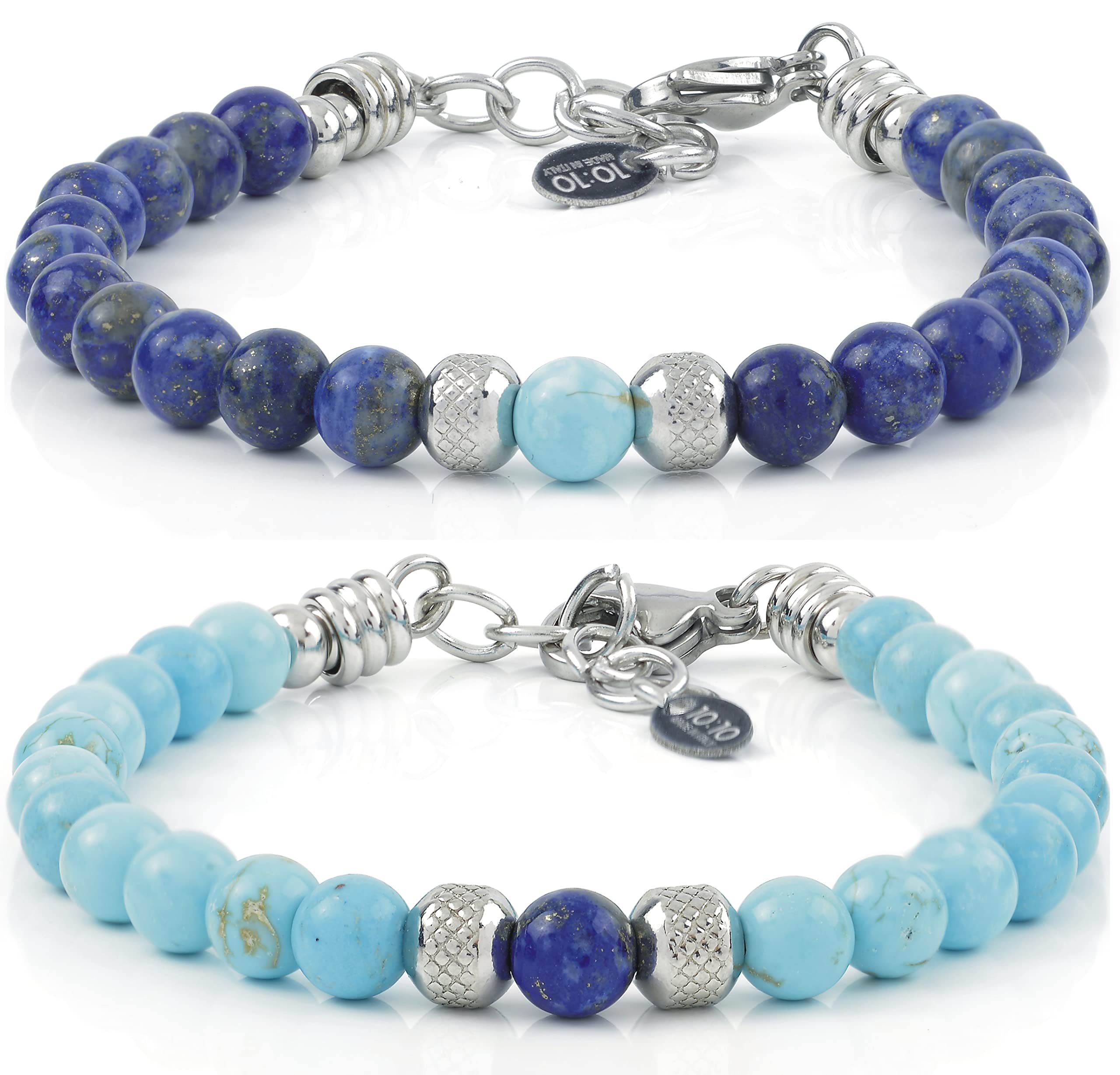 10:10 Armband für Sie und Ihn mit Natursteinen Durchmesser 6 mm und diamantbeschichteten Edelstahlkugeln. Sehr widerstandsfähiges verstellbares Armband. Made In Italy