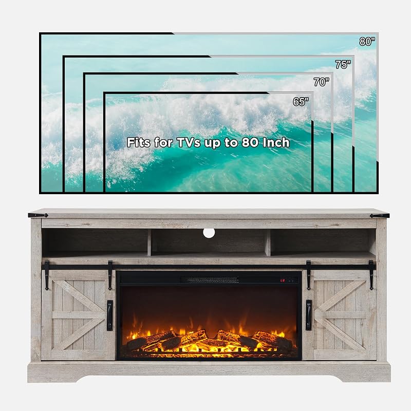 OKD 70" Farmhouse TV Stand with 36" Electirc Fireplace, Light Rustic Oak image 6