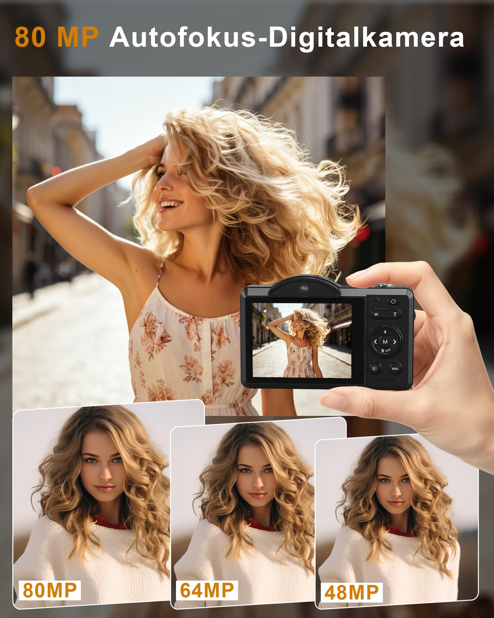 5K 80MP Digitalkamera Kamera, Digital Kamera für Vlog mit WLAN, 2.8" Kompakte Kamera für Anfänger, 18X Digitalzoom, Autofokus, mit 64GB Karte, 2 Akkus, Fotoapparat für YouTube Anfänger Erwachsene