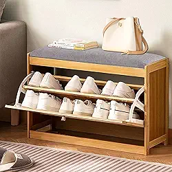 Banco Sapateira em Bambu, 70*24*44 cm, Armário para Sapatos com Tampa Tipo aba, Almofada Acolchoada para Assento, com Capacidade para Suportar Até 90 kg, Adequada para Guardar Chinelos e Sapatos