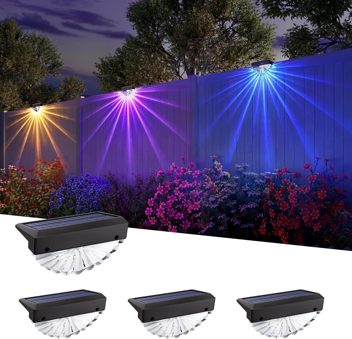 JACKYLED Solar Fence Lights RGB LED Accent Lighting with 180° Fan-Shaped Pattern, 11 Light Beams, 20H Runtime, 8 Lighting Modes, Outdoor Waterproof Railing Light for Yard, Patio, Porch, Garden, 4 Pack