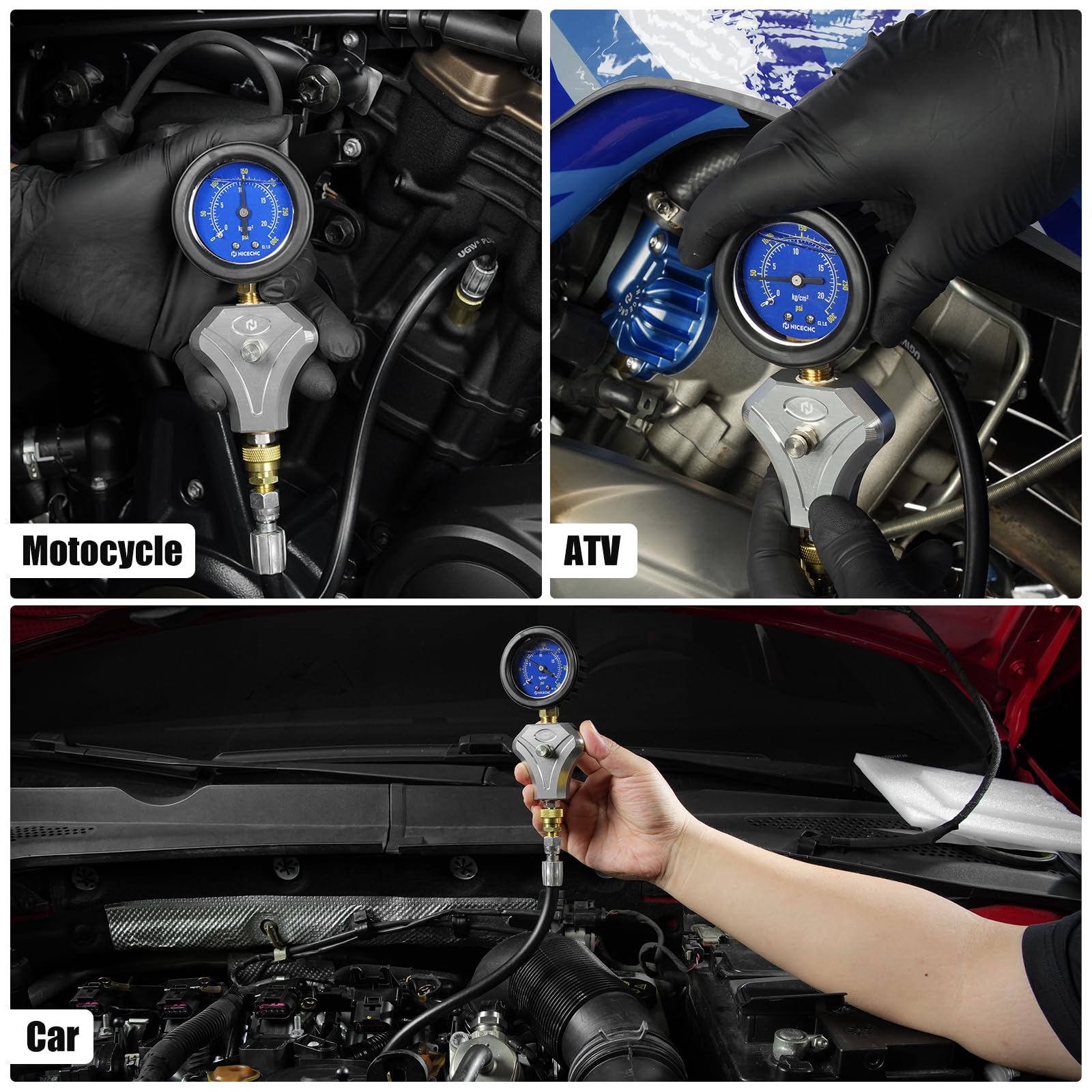 NICECNC Kit de comprobador de compresión de Cilindros de Motor con bujías de 10 mm, 12 mm y 14 mm para Motores de 2 y 4 Tiempos; manómetro de compresión y comprobaciones rápidas rutinarias del Motor