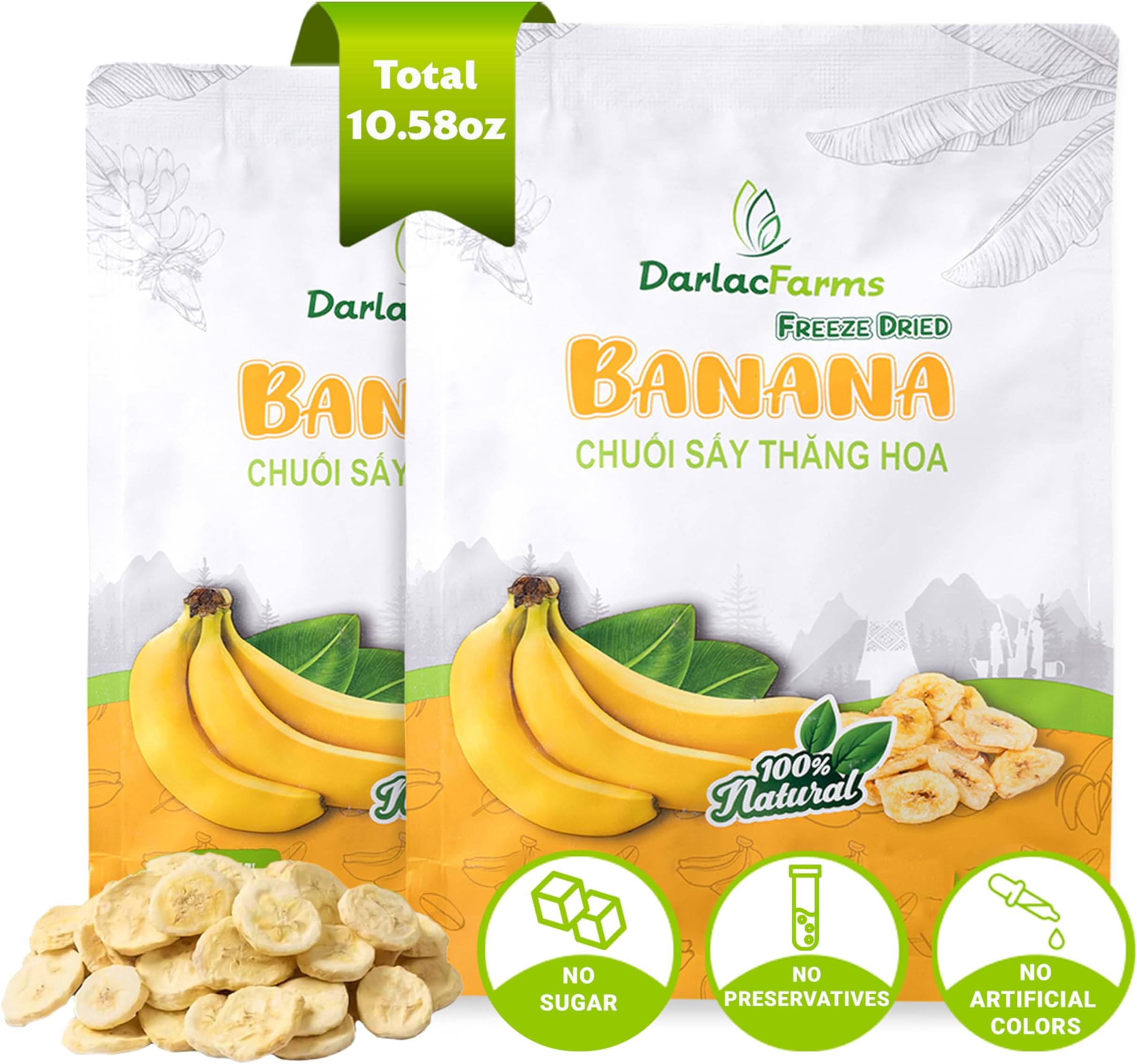DARLAC FARMS Freeze Dried Banana Slices, Pack of 2 (5.29 Oz Each) – 100% Real Fruit, No Sugar Added, Crispy & Light Healthy Fruit Snacks for Kids & Adults, Vegan, Gluten-Free