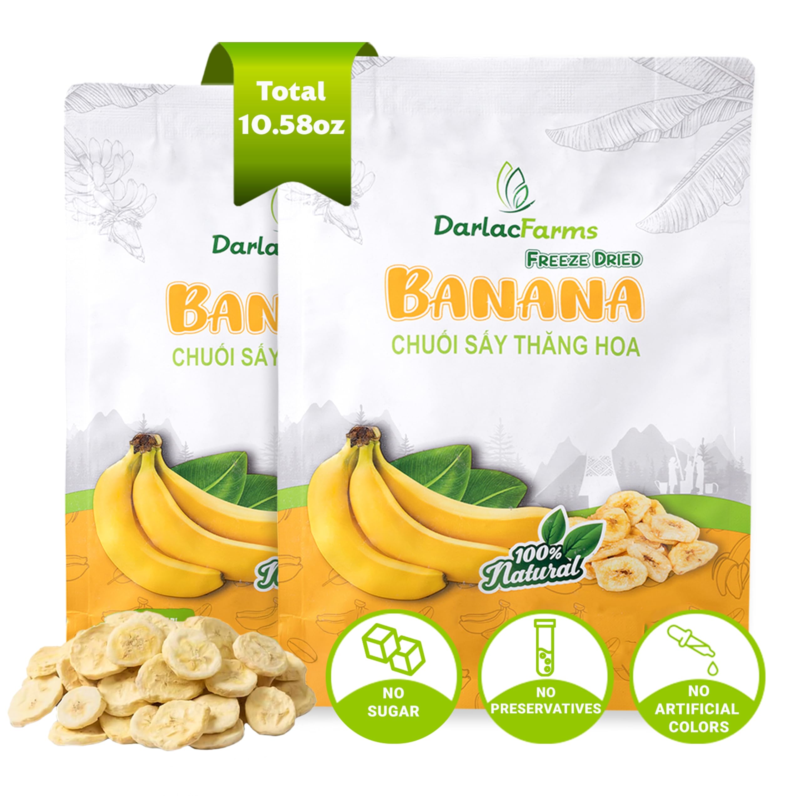 DARLAC FARMS Freeze Dried Banana Chips Pack 2, 5.29 Oz/Each, Premium Organic Crispy Crunchy Natural Healthy Fruit Snacks for Kids, Adults & All Ages, No Sugar Added
