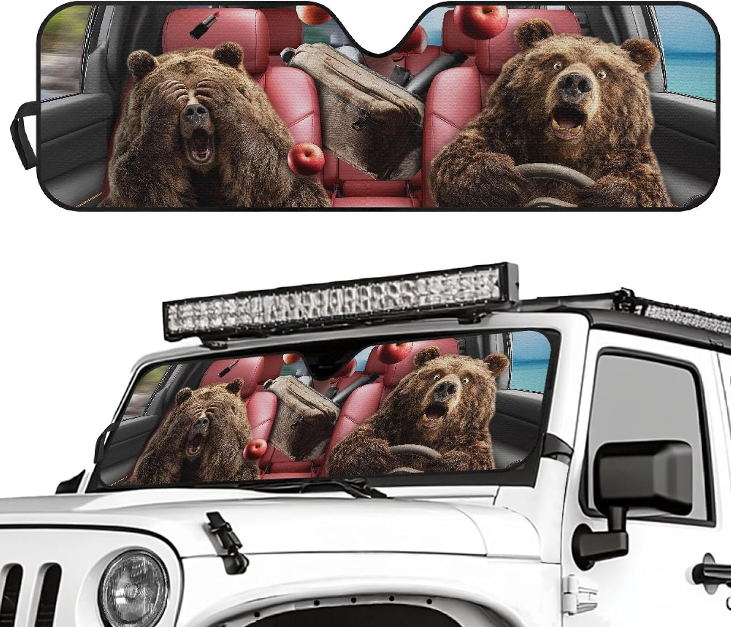 Pensura Funny Bear Driving Windshield Sun Shade, Car Sun Shade Fit for JLU and 2020-2024 2025 Jeep Gladiator JT/2018-2022 2023 2024 2025 Jeep Wrangler JL Block UV Keep Cool, Car Accessories