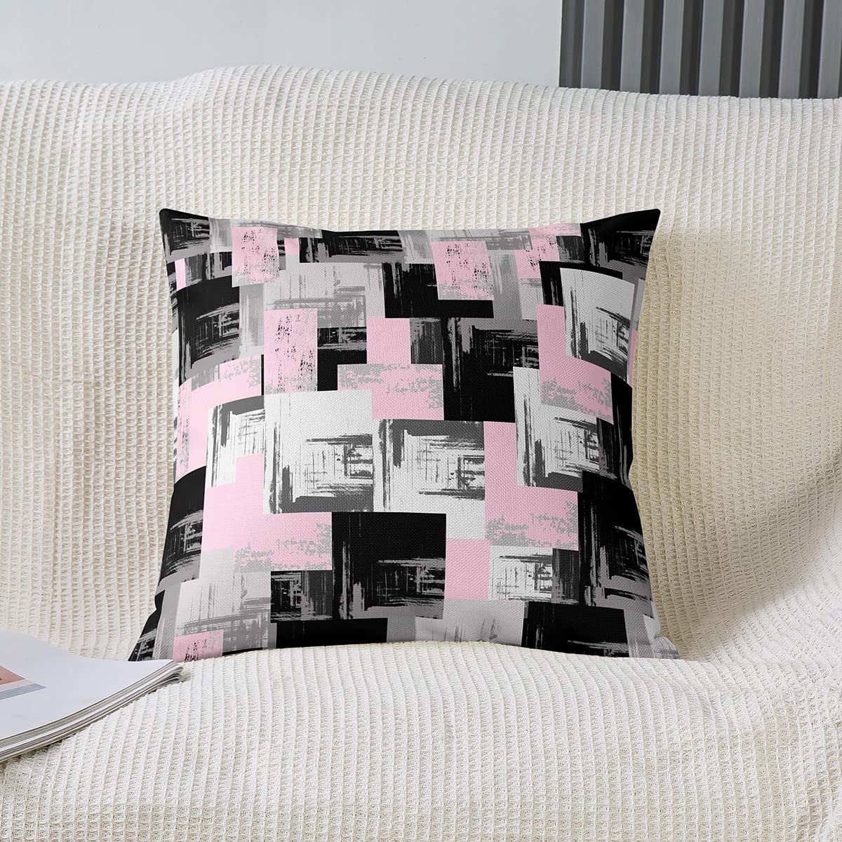 Loussiesd Pink Grey Black Reversible Throw Pillow Covers Kids Buffalo Check Pillow Covers Home Decor for Geometric Square Cushion Covers Set of 2 Modern Abstract Art 16x16 Inch - Image 2