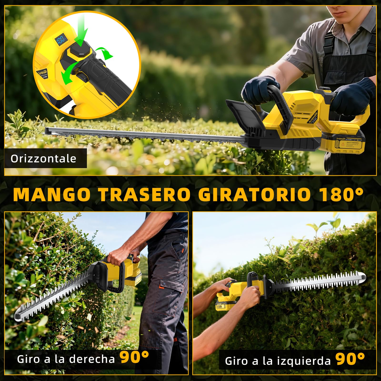 53cm Cortasetos Bateria 2 x 4.0Ah - 21V Cortasetos Electrico Inalámbrico con Mango Giratorio de 180°, Espesor de Corte 16mm, Corta Setos Jardin Electrico para Setos, Arbustos y Poda