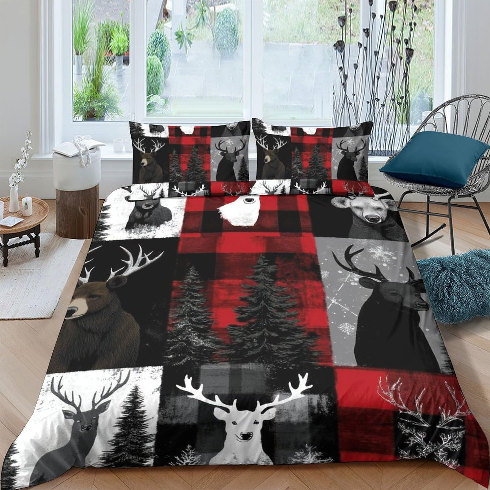 Ctjqhvkz Style-5 3D Printed Red Black Plaid Deer Fitted Sheet Microfiber Soft Forest Bear Mattress Cover For Bedroom Dorm Decor Single（135X200cm）