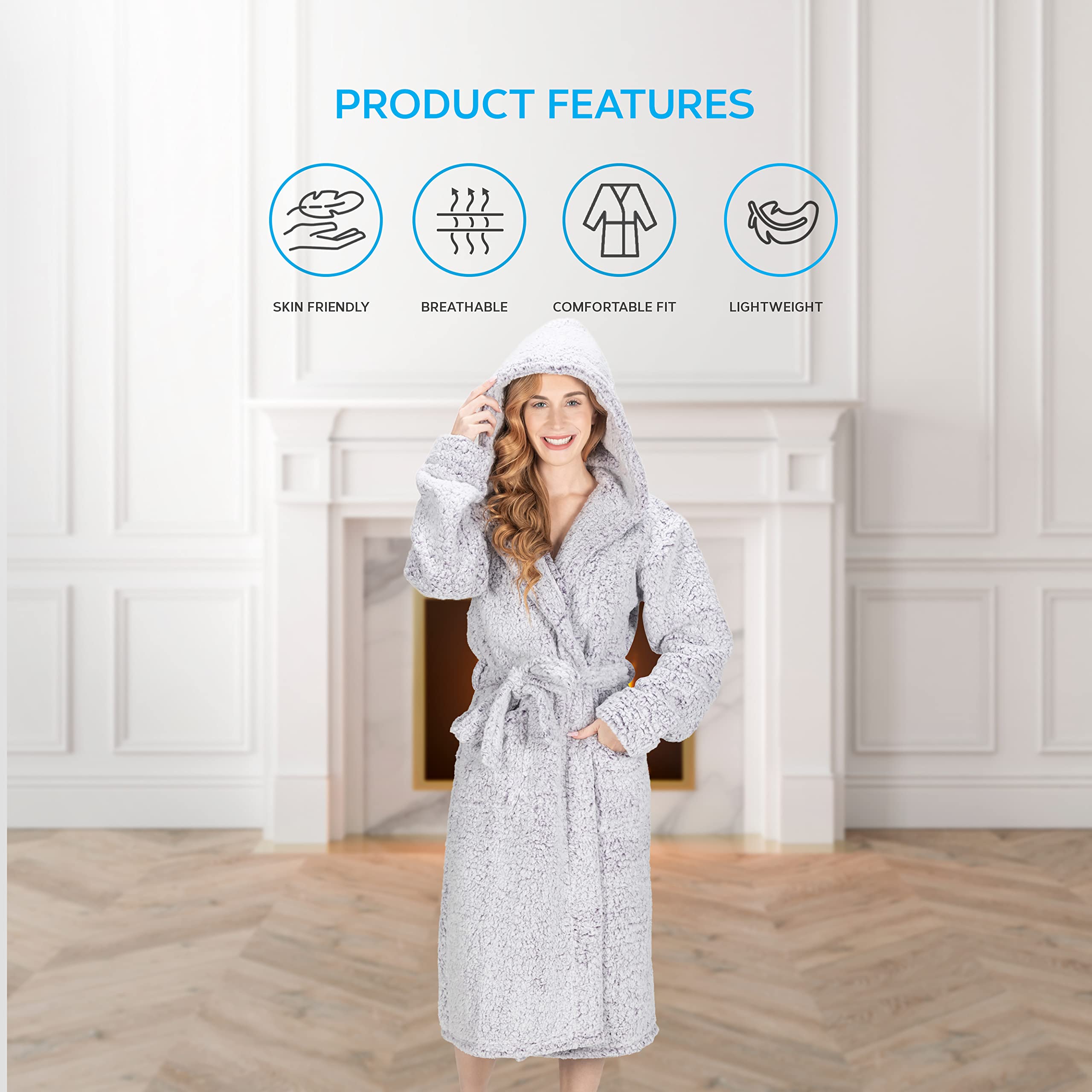 MONHOUSE Womens Bath Robe - Premium Super Soft & Cosy Long Bathrobe - Ladies Thick Flannel Luxury Housecoat - Shearling Spa Gown for Her - Sherpa Bathrobe - Grey Shealing UK 8-10