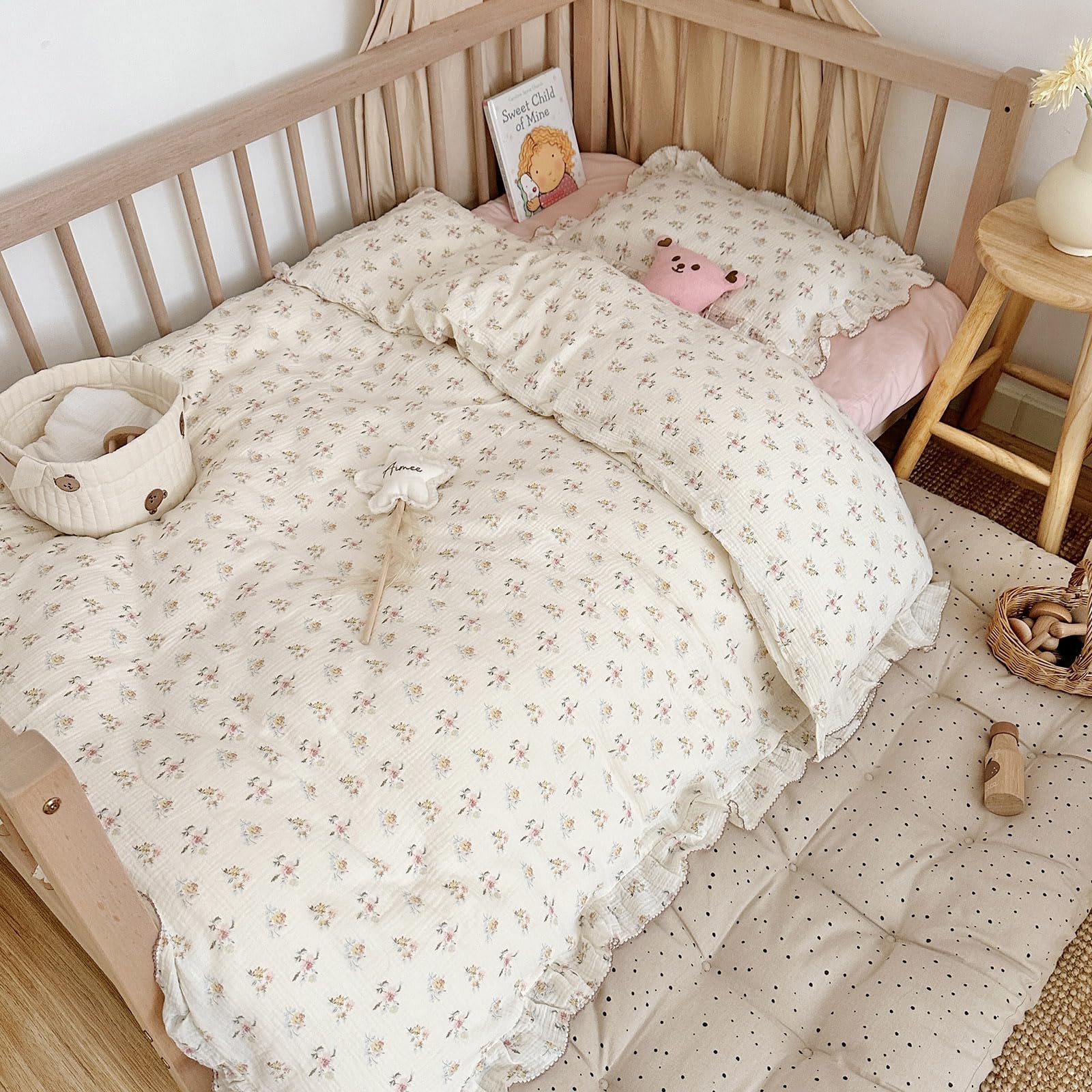 AOJIM Floral Print Kids Duvet Cover 47X59'', 2-Layer Gauze Muslin Cotton Toddler Ruffled Bedding Duvet Cover 1 Piece, Azalea Print Crib Comforter Cover for Boys Girls, No Comforter, Easy Care