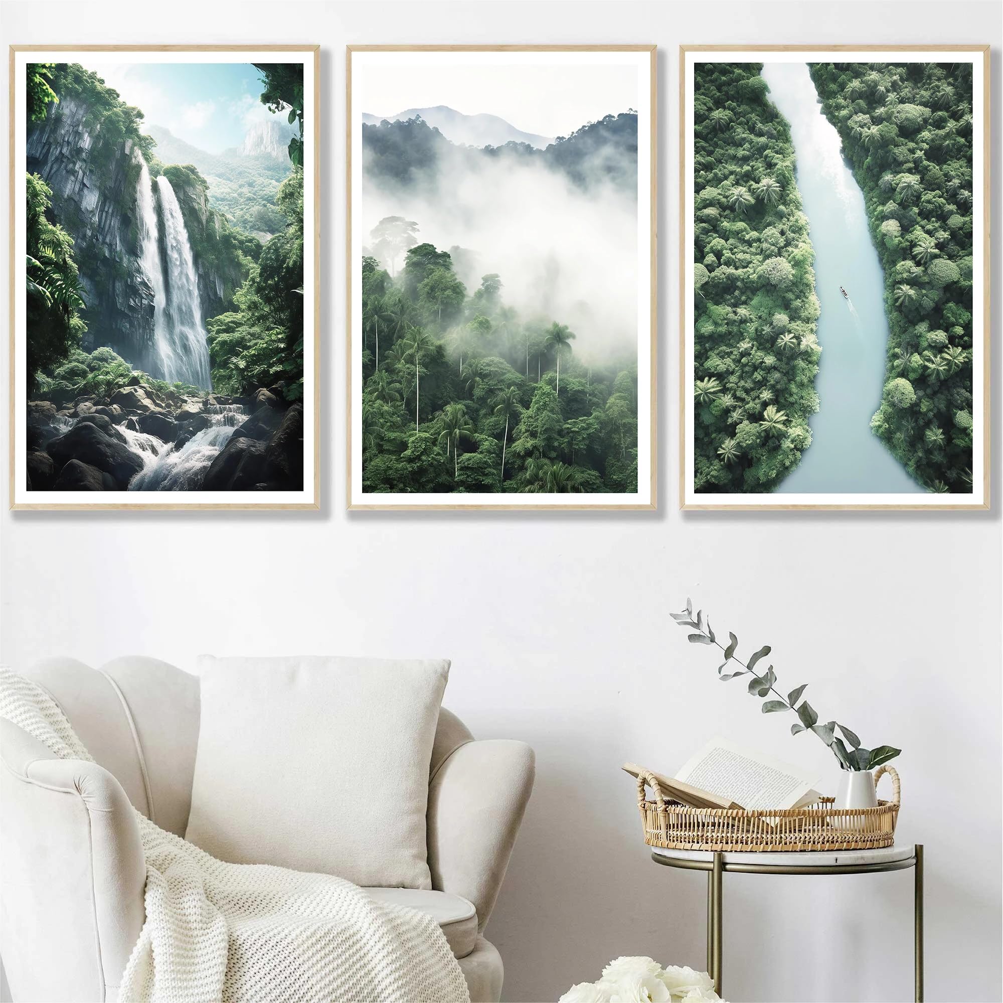 SOBMQ Art Decor-Nordic Tropical Forest Waterfall Nature Scenery Poster Canvas Paintings Abstract Wall Art Print Pictures For Living Room Home Decor-30 * 50cm-3PCS (No Frame)