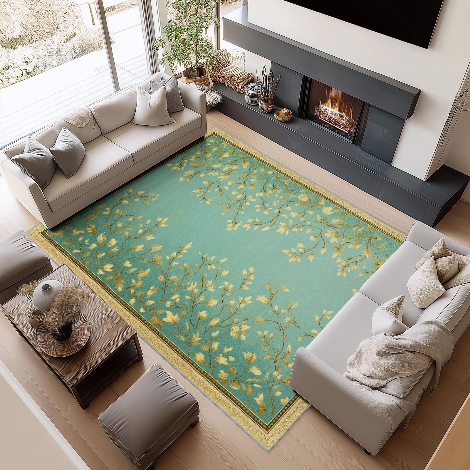 Tapis de Salon Lavable 150x180cm Vert Sauge à Poils Courts, Motif Floral champêtre, antidérapant, pour Bureau, Balcon, Salle de Bain