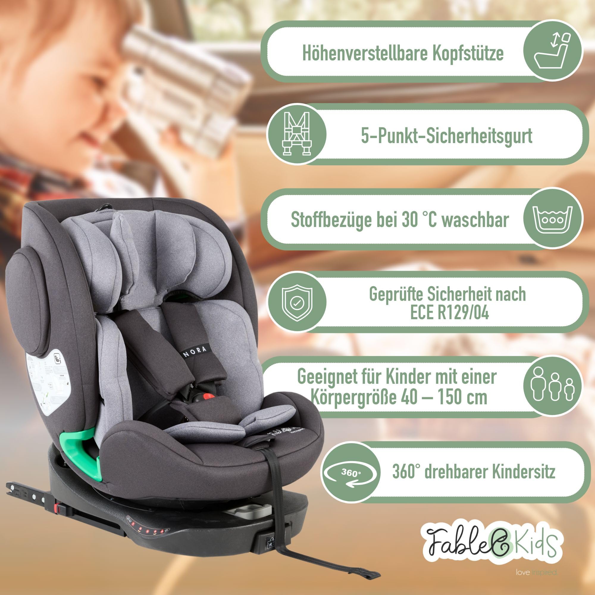 FableKids NORA Kindersitz Grau | 360° drehbarer i-Size Autokindersitz 40–150 cm | Reboarder mit ISOFIX & Stützbein | höhenverstellbare Kopfstütze & Rückenlehne | ECE R129/04 zertifiziert