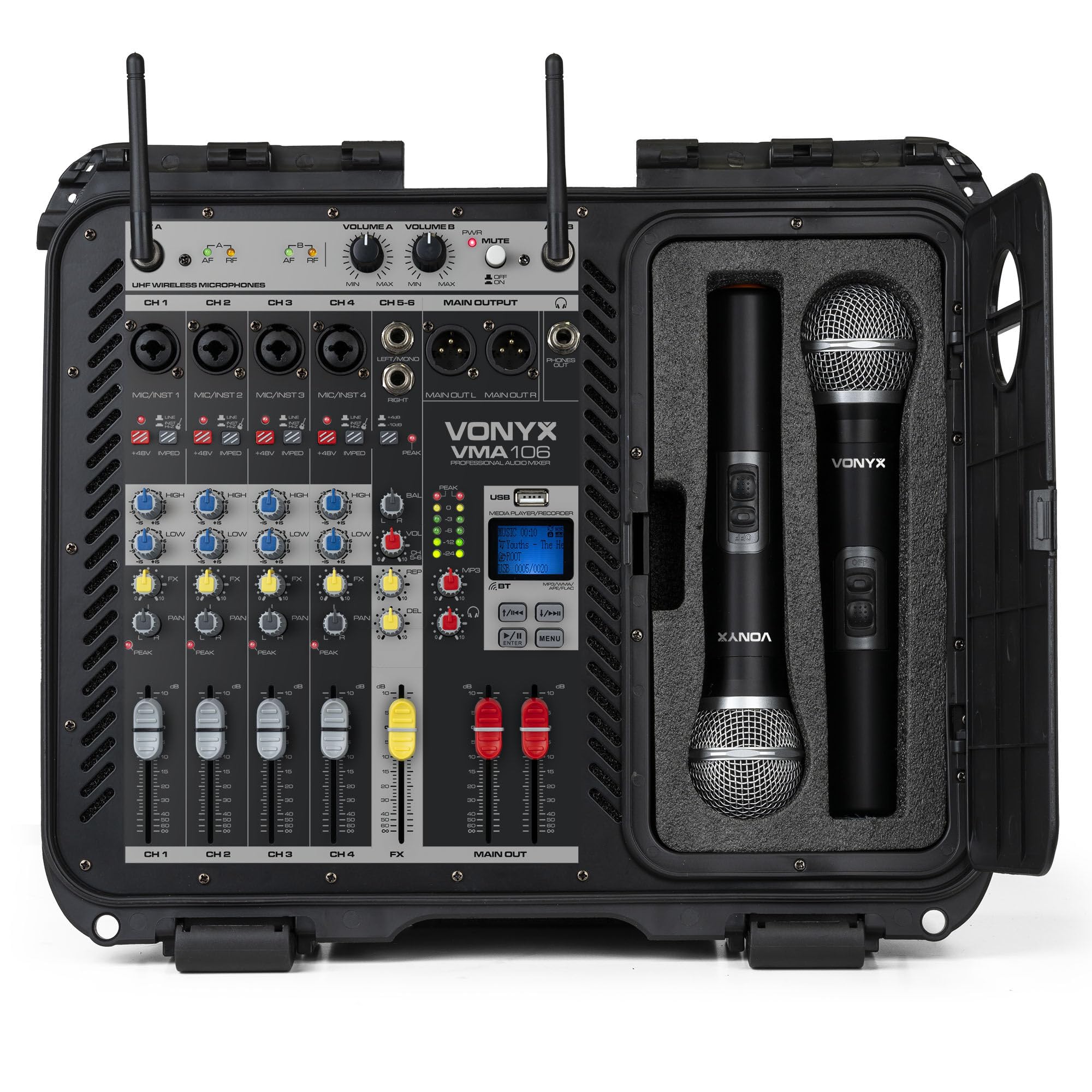 Vonyx VMA106 Table de Mixage et Micros UHF 6 Canaux avec Amplificateur - 2x600 Watts, Bluetooth, Lecteur MP3 USB, Égaliseur 2 Bandes, Flightcase ABS Portable