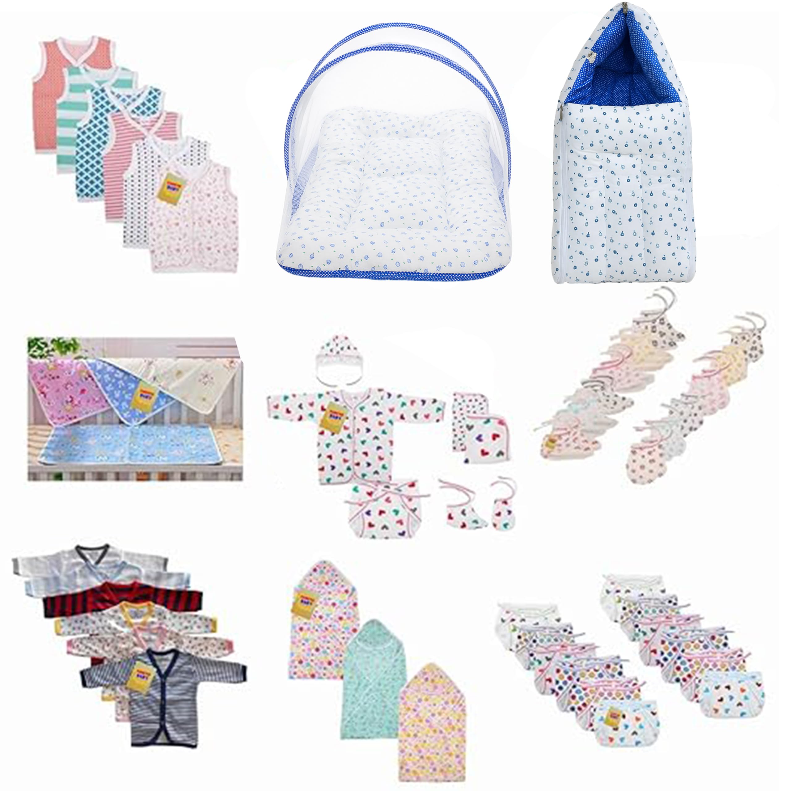 Fareto New Born Baby Clothing Combo Pack Of 9 Daily Essential Items In A Single Packet/6 Vest/1 Suit/4 Sheets/1 Mosquito Net/1 Sleeping Bag/6 Pair Of Socks & Mitten/3 Blankets/12 Nappies(0-6 Months)-picture-17