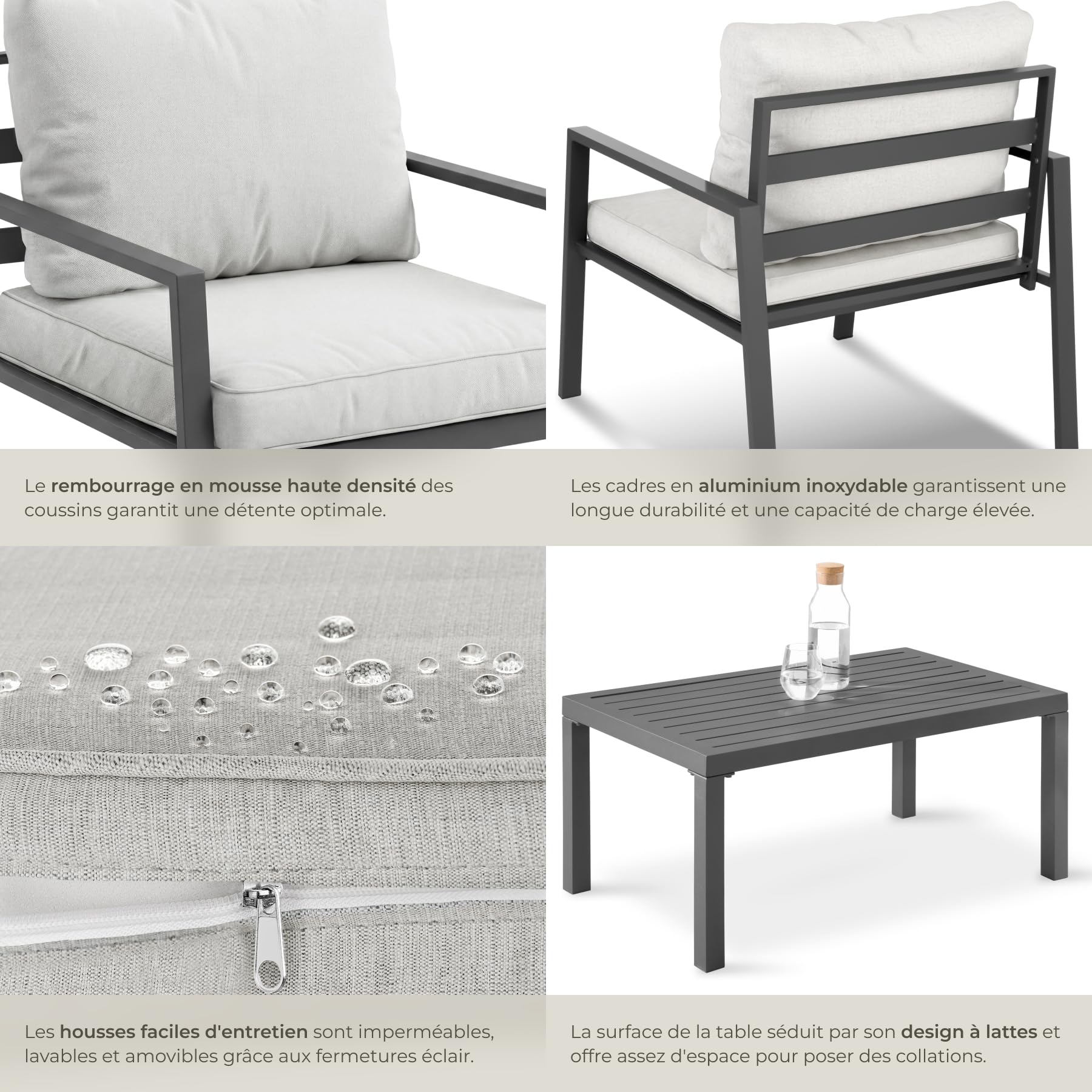 tectake® Ensemble Salon de Jardin Exterieur 4 Personnes en Aluminium Canapé 2 Places 2 Fauteuil Salon et 1 Table de Jardin, Coussins Inclus, Mobilier de Jardin Amenagement Balcon Terrasse Veranda