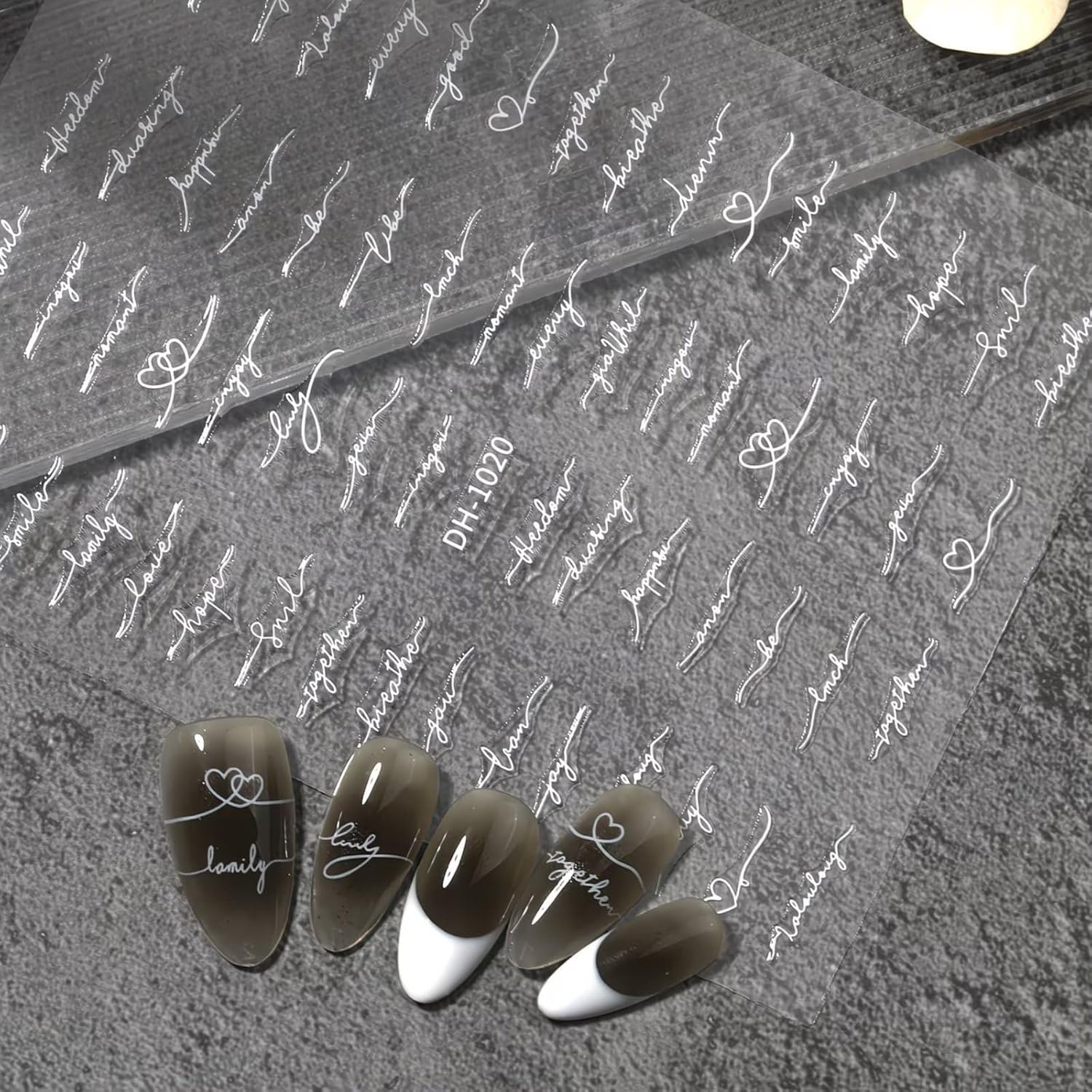 Cursive Letter Nail Art Stickers 8 Sheets 3D Self-Adhesive Nail Decals Black White Gold Silver English Words Nail Stickers Retro English Love Line Nail Art Design Accessories for Women Manicure DIY