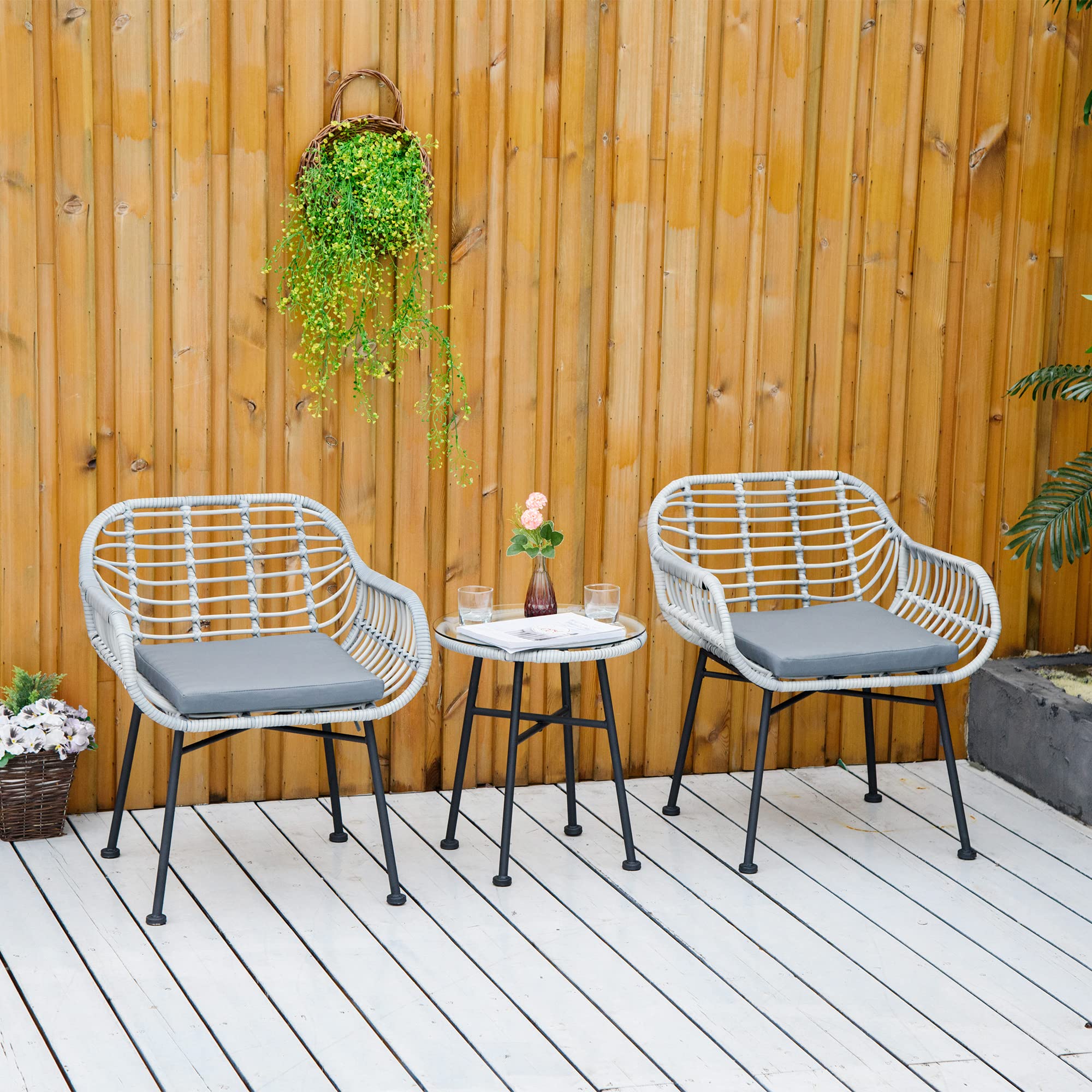 Outsunny Set Mobili da Giardino in Rattan PE 3 Pezzi, Salotto da Esterno con 2 Sedie e Tavolino in Vetro, Grigio