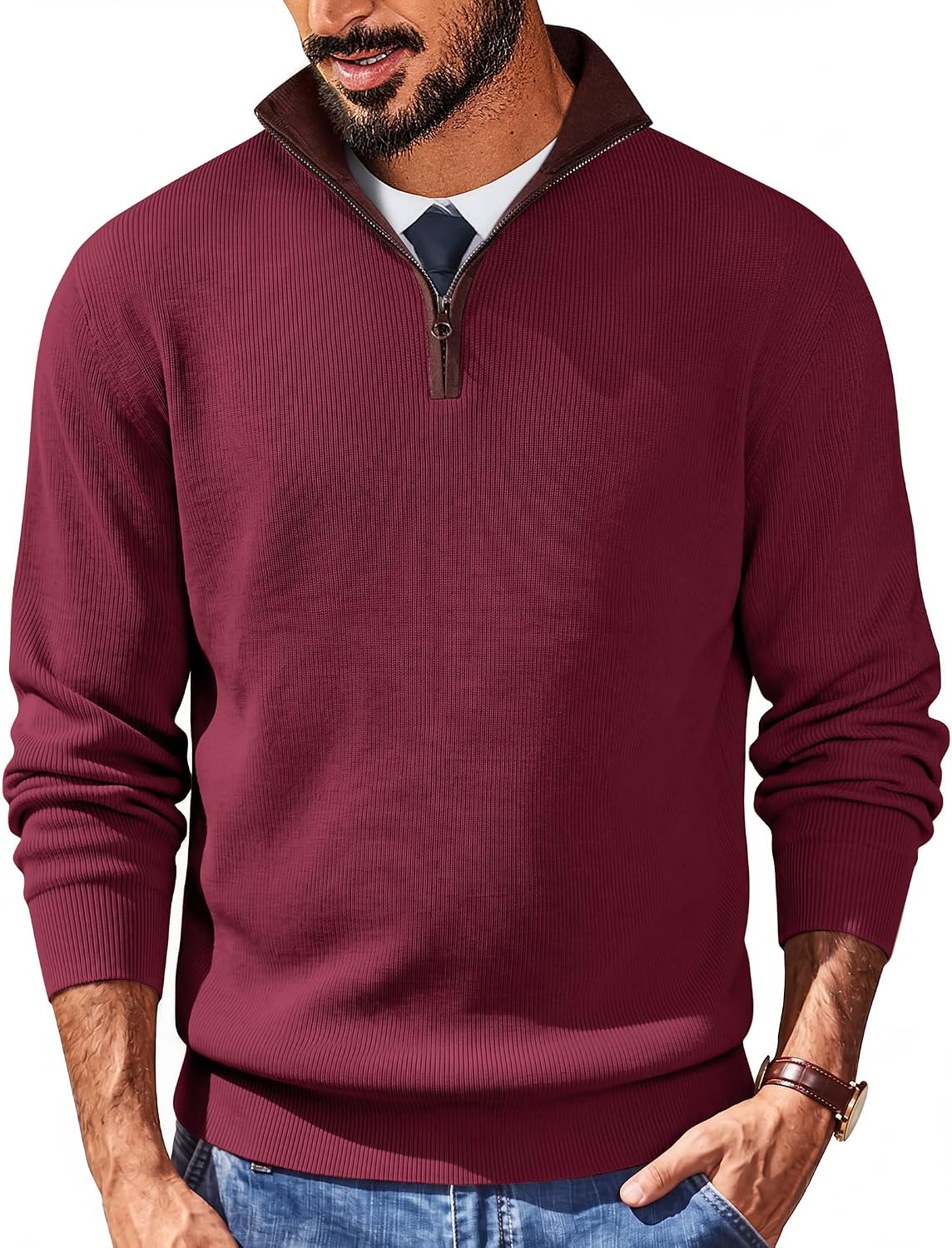 COOFANDY Mens Quarter Zip Sweater Slim Fit Mock Neck Pullover Casual Knitted Ribbed Polo Sweaters