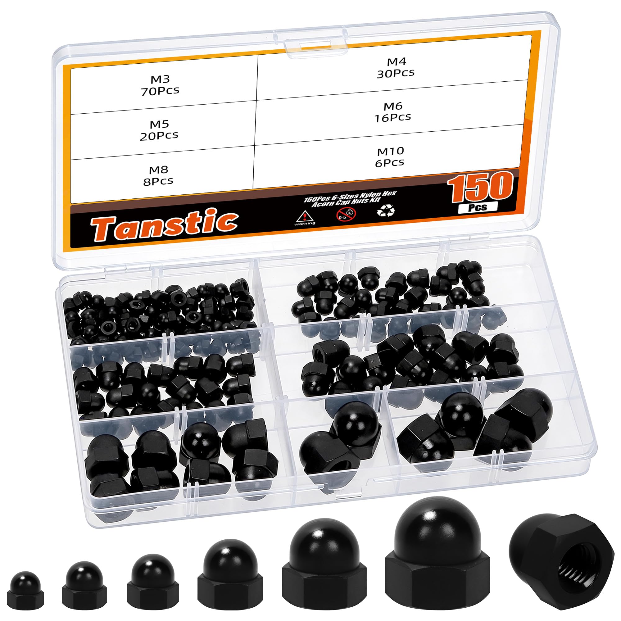 Tanstic 150pcs M3 M4 M5 M6 M8 M10 Acorn Cap Nuts, Black Nylon Dome Head Hex Nut, 6 Sizes Hex Acorn Nuts for Furniture Automotive Marine Hardware