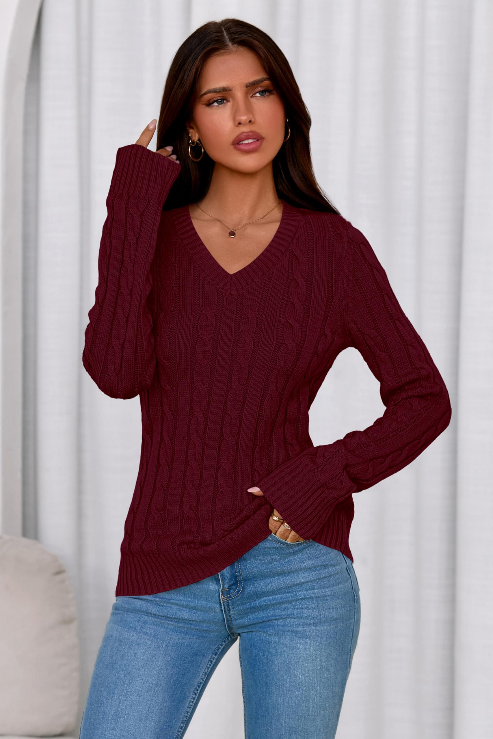 PRETTYGARDEN Pullover mit V-Ausschnitt und Zopfmuster für Damen, langärmelig, gerippt, tailliert, Pullover, Tops, Business, Freizeit, Herbst-Outfits