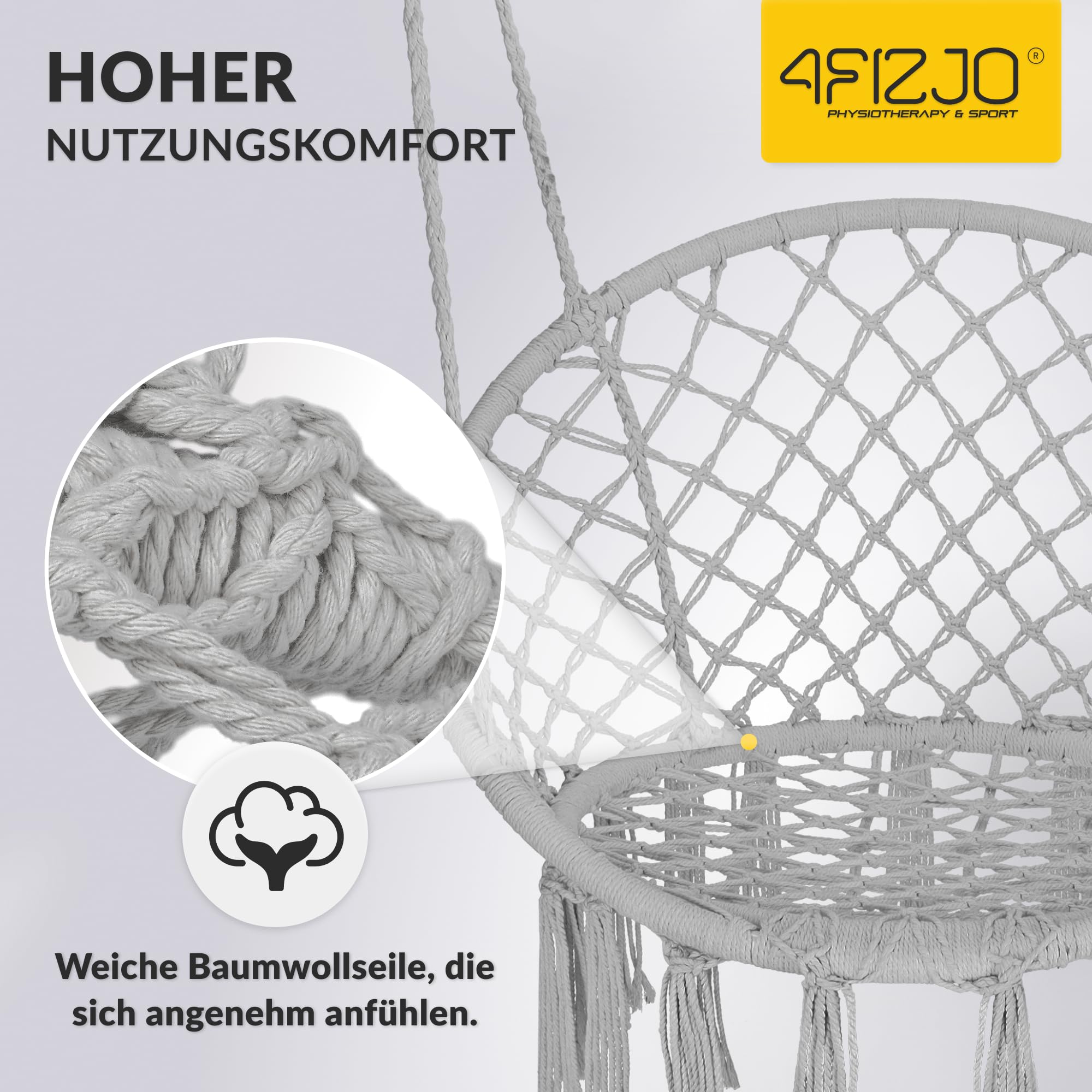 4FIZJO Hängesessel Boho, Makramee hängesessel, Garten schaukel, Hängekorb, Schaukelkorb, Therapieschaukel Kinder, Hängesessel Indoor & Outdoor, Hängesitz Patio-Rasen, Maximale Belastung 125 kg, Grau