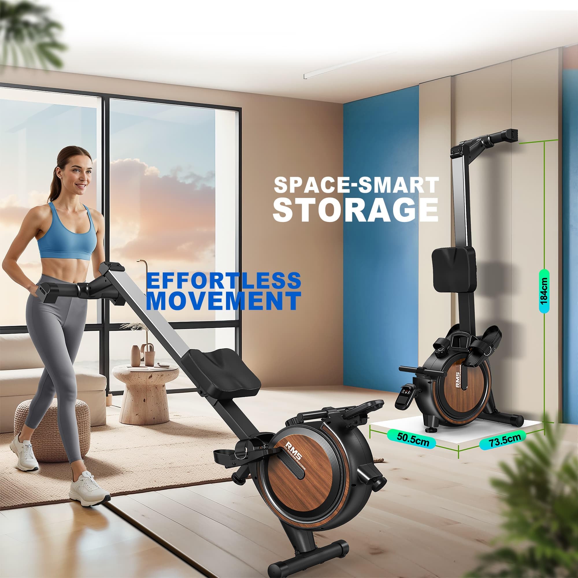 Vogatore per casa con resistenza magnetica regolabile, vogatori con computer di bordo Bluetooth, portata 170 kg
