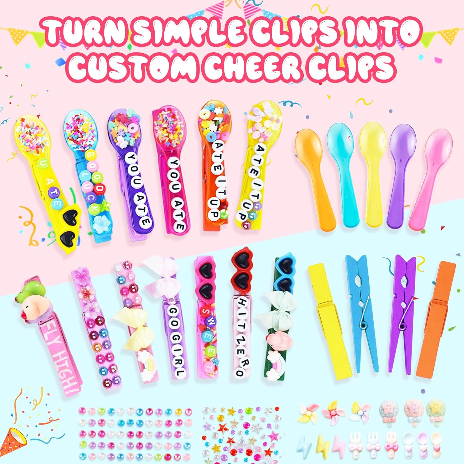 Cheer Pin Kit with 3-Tier Storage Box, 1460Pcs DIY Making Supplies for Cheerleaders, 80 Wooden Clothes Pins, 20 YOU ATE Spoons, Volleyball & Dance Spirit Clips Decorations, Girls Cheer Team Gifts Bulk