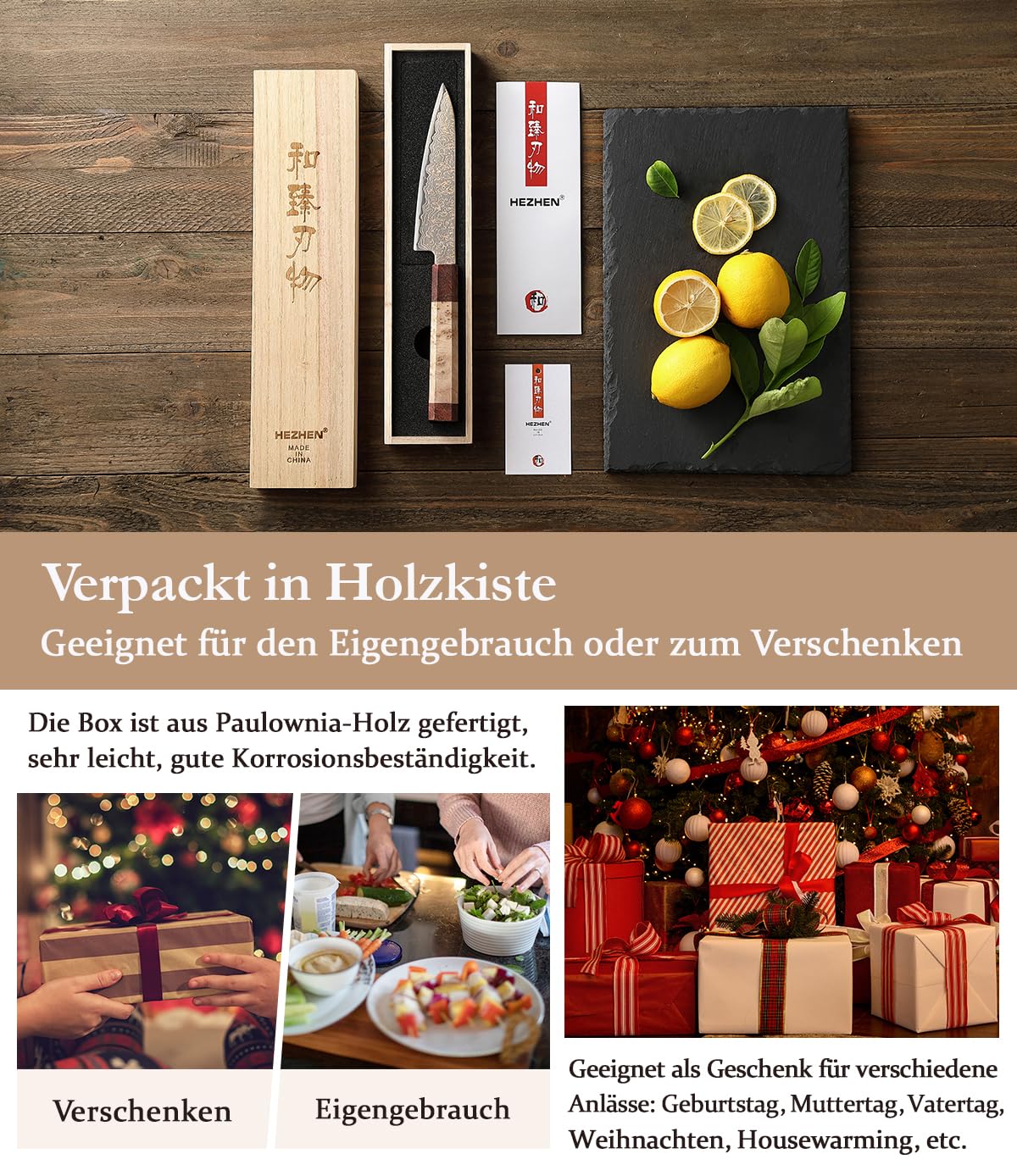 HEZHEN Kupfer Damaststahl Universal Messer，Damaskus Schälmesser Multifunktionales Obstmesser, Achteckiger Griff aus Figaro Bergahorn Holz+ Padauk-Maserholz