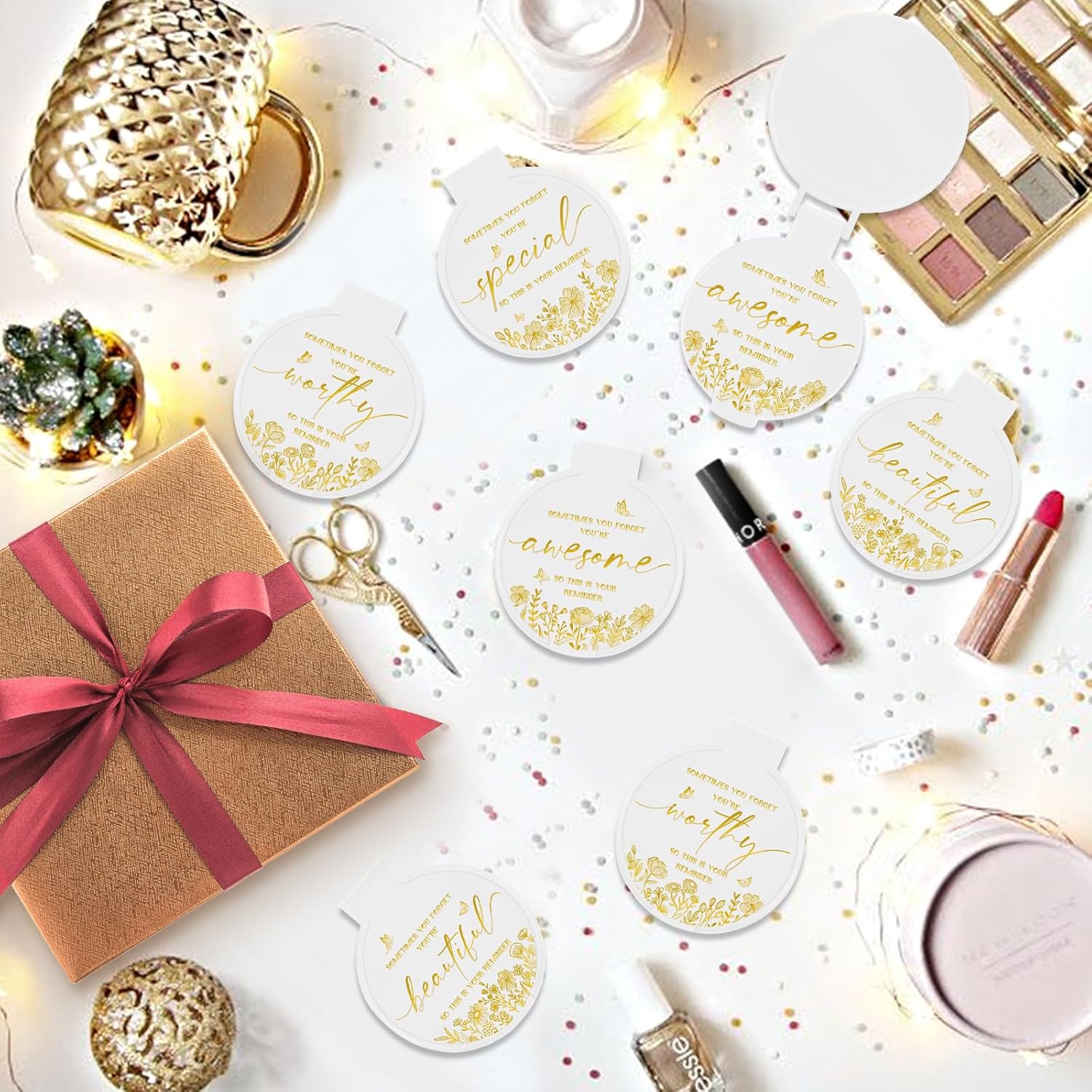 100 Pcs Inspirational Compact Mirror Bulk Small Pocket Mirror Purse Round Portable Folding Makeup Mirror Thanksgiving for Women Coworker Employee Teacher(White) - Image 5