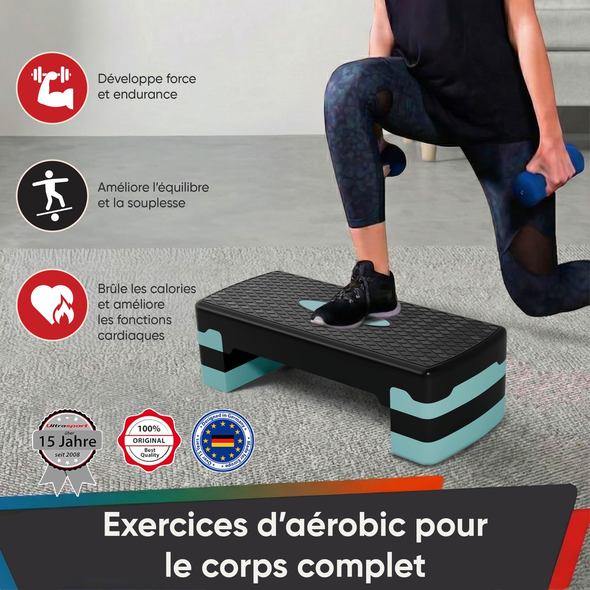 Ultrasport Step Aérobic I Antidérapant, Réglable sur 3 Niveaux I Stepper Fitness Appartement, Stepboard, Sport Stepbench 68 x 28 cm, Bleu