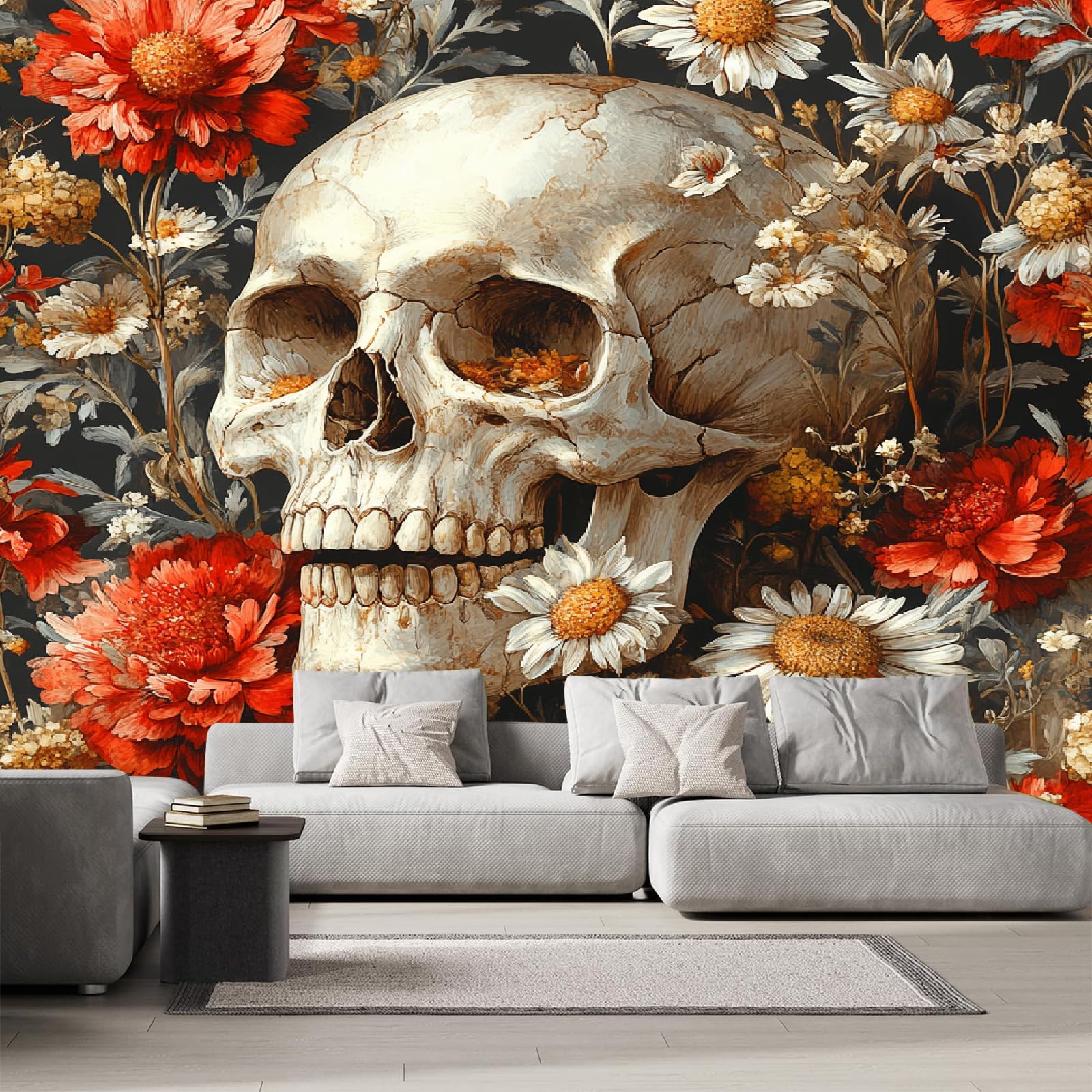 Poster mural 3D vintage papier peint intissé crâne fleurs 200x140