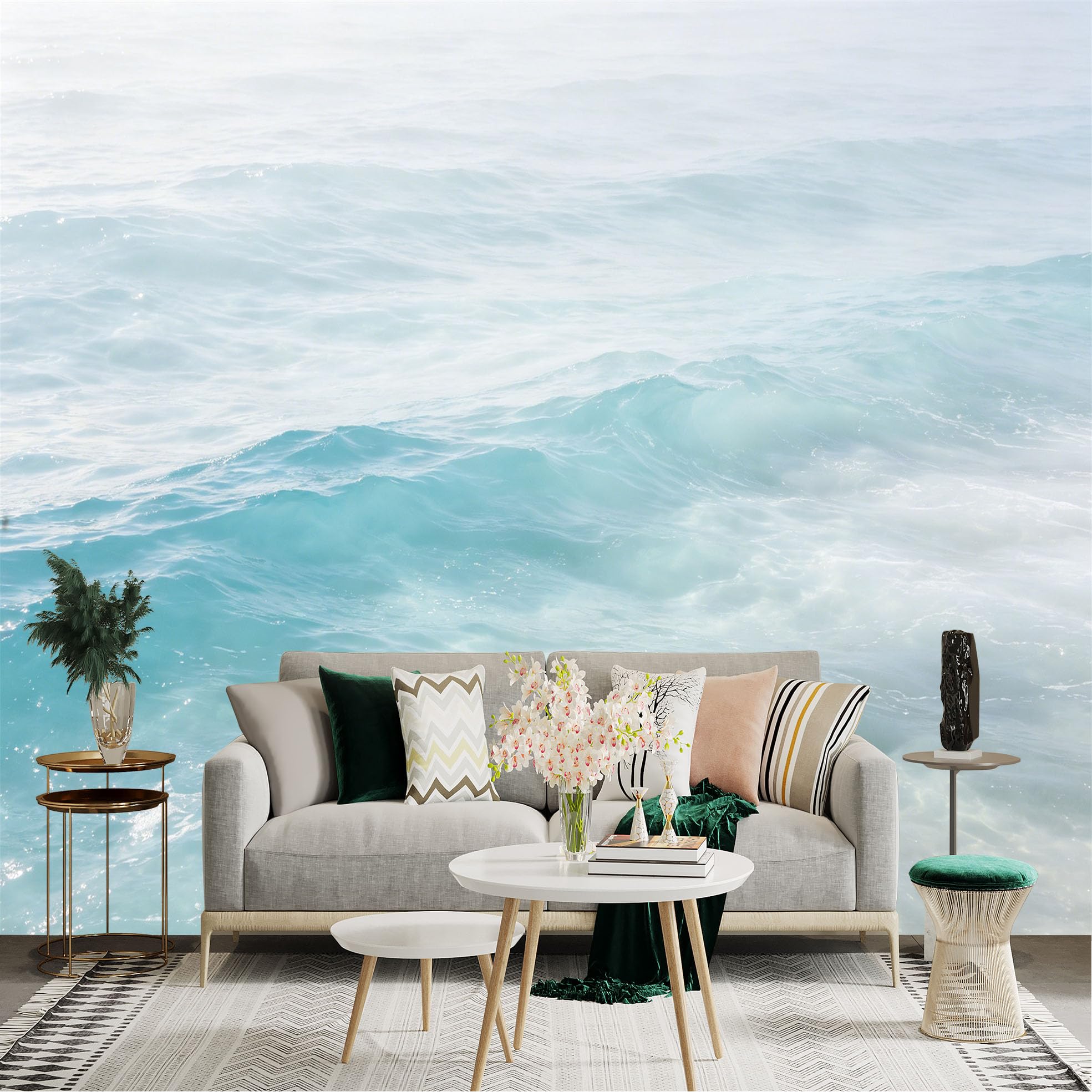 Lnzczhyre Dbh260521589 Custom Size Wall Sticker Mural， Serene Blue Ocean Waves， Sparkling Sea Water， Calming Coastal Scenery， For Wall Decoration， Peelandstick Wall Decals.