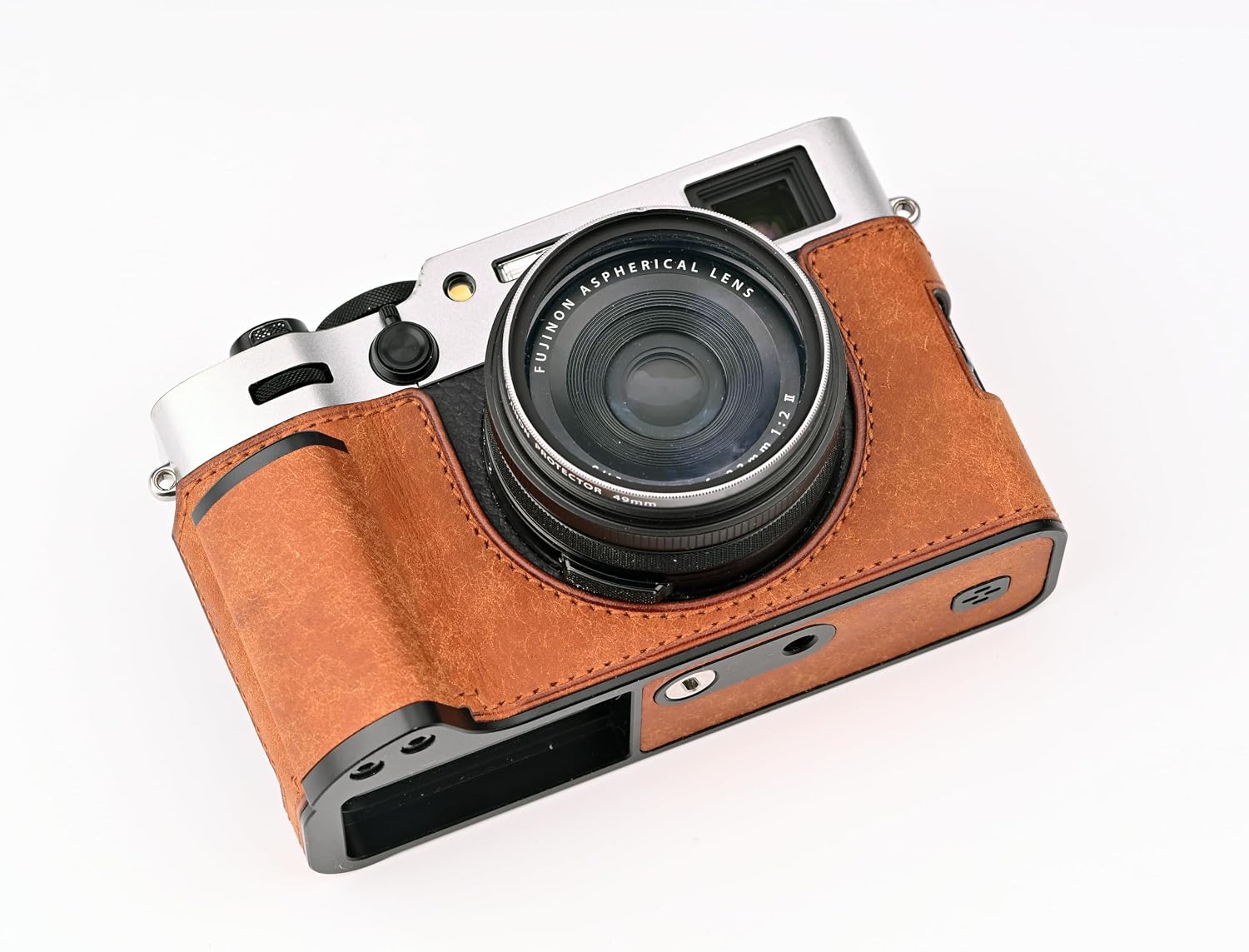 Handmade Genuine Leather Camera Half Case for Fujifilm X100VI/Fujifilm X100VI Case - Top Layer Cowhide Body + Metal Base Plate+ Hand Shank Design (Matte-Yellow-Brown)