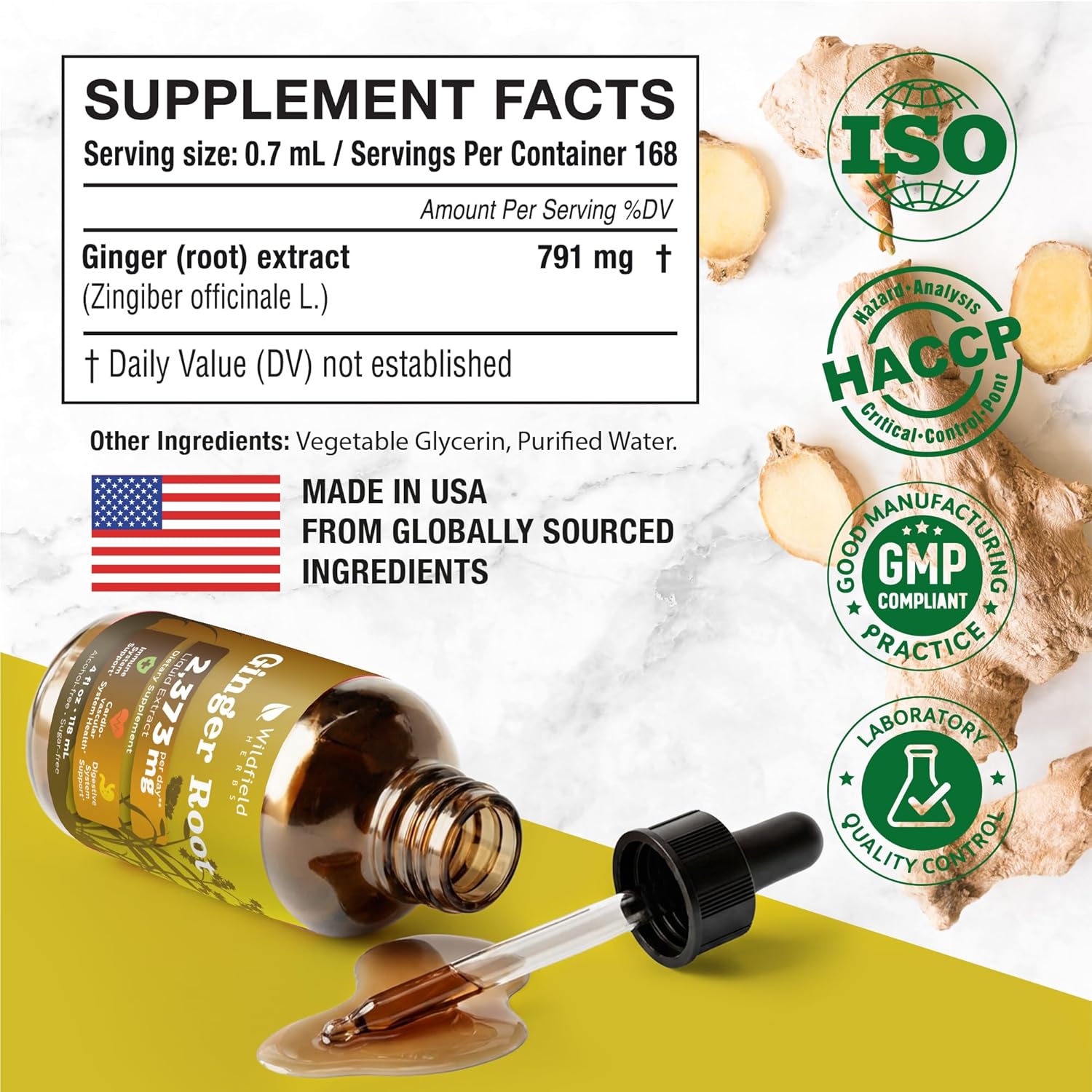 4 Oz Ginger Root Extract Liquid Drops - Stomach & Digestive Support | 2 Month Supply | - Made in USA - Ginger Root Supplement - Alcohol & Sugar Free