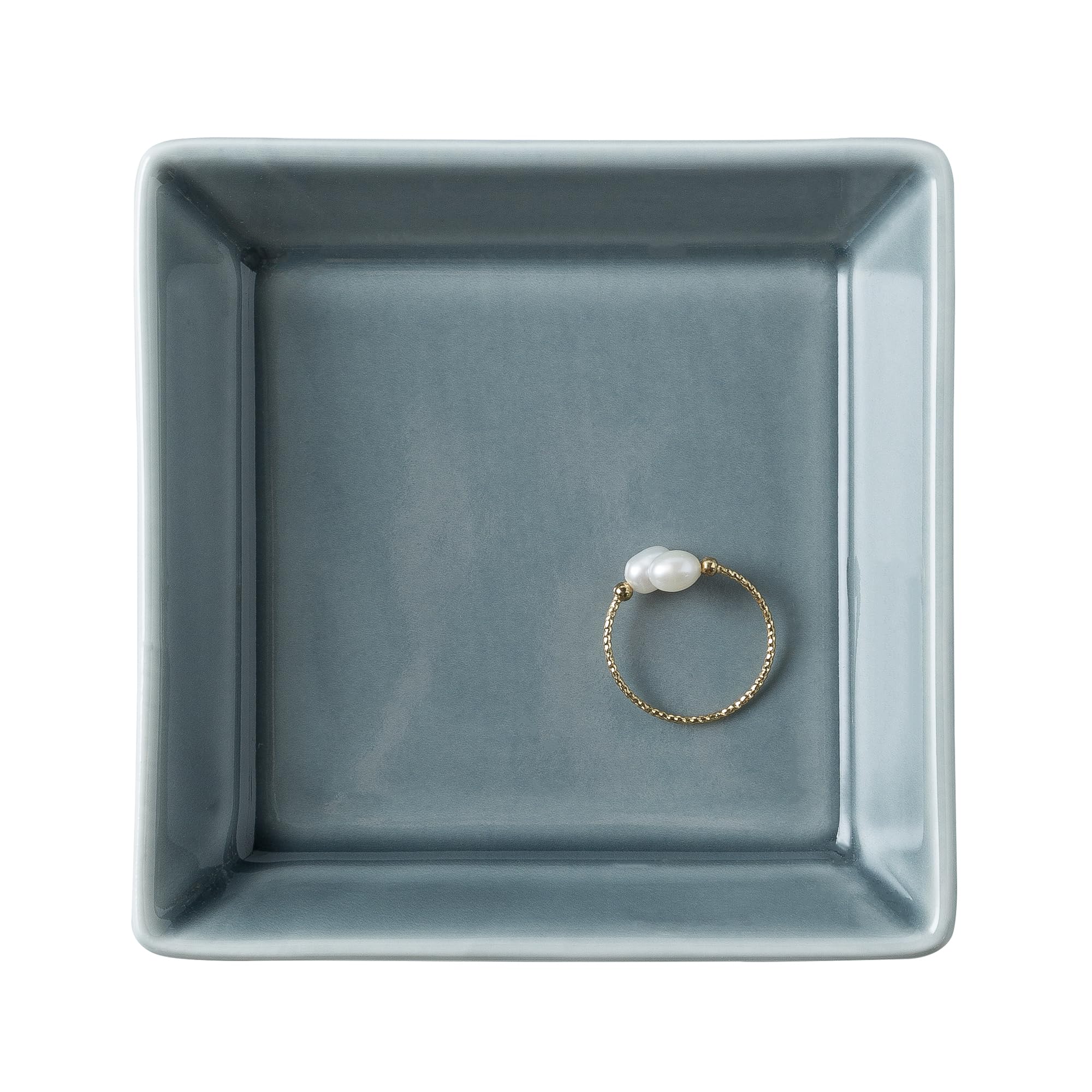 Mecaikru Women's Blue Ceramic Trinket Dish, Ring Tray, Decorative Jewelry Dish For Earrings Necklaces Watch Keys For ( Square)